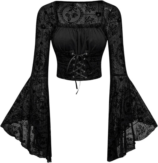 Women's Sheer Mesh Grunge Shirts Long Bell Sleeve Crewneck Going Out Lace Tops Elegant Goth Clothes
