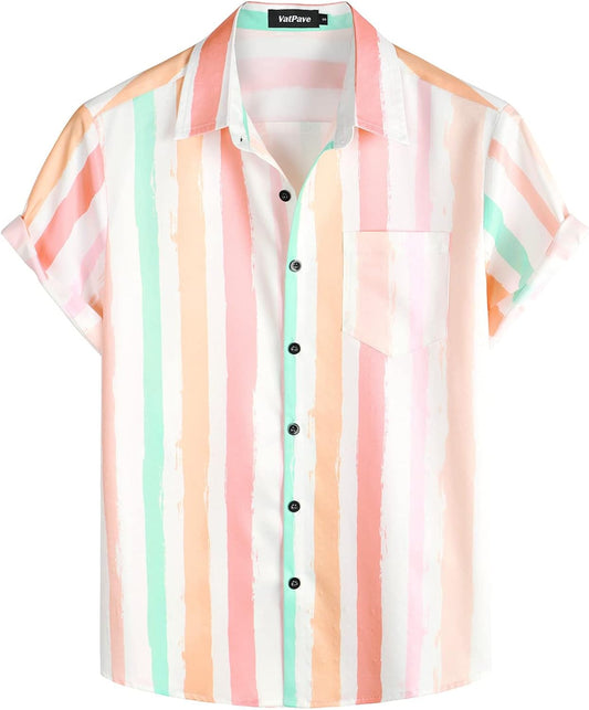 Mens Striped Summer Shirts Casual Button Down Short Sleeve Beach Stylish Untucked Hawaiian Shirts