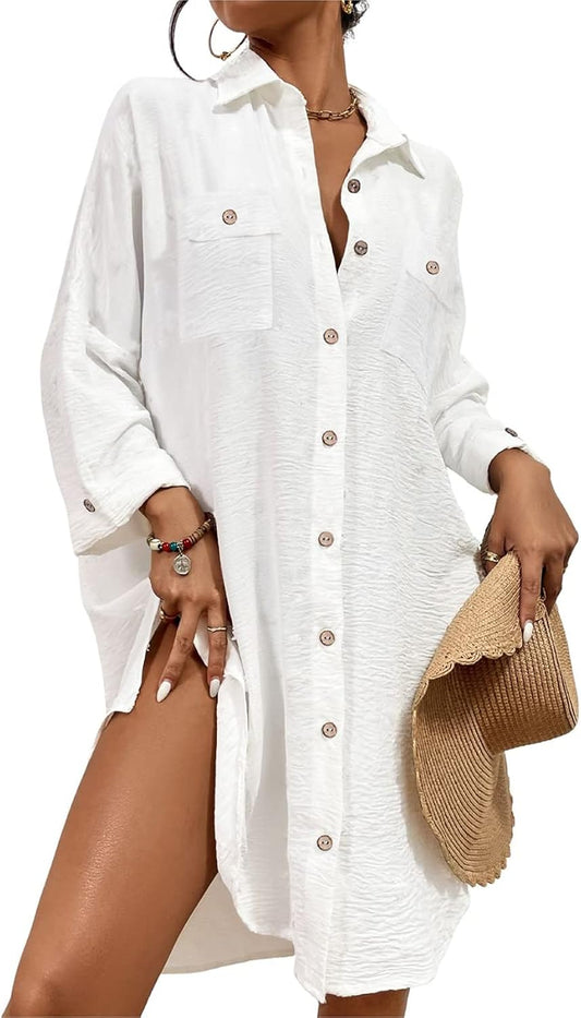 Womens Modern Swimsuit Cover Up Blouse Button Down Shirt Dresses Tops