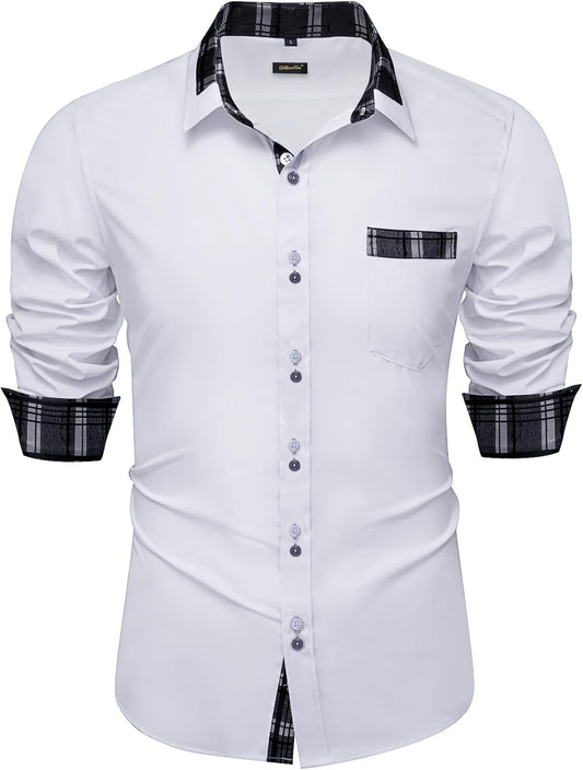 Mens Dress Shirt Collar Contrast Button Down Shirts Cotton Long Sleeve Shirt for Men with Pocket Wedding Party