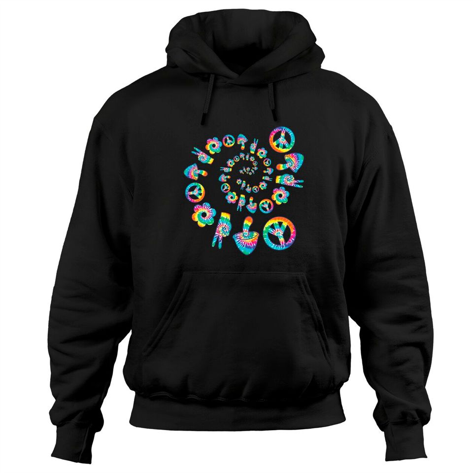 Trippy Color Hoodie Hippie Mushroom Peace Sign Flower Spiral Pullover