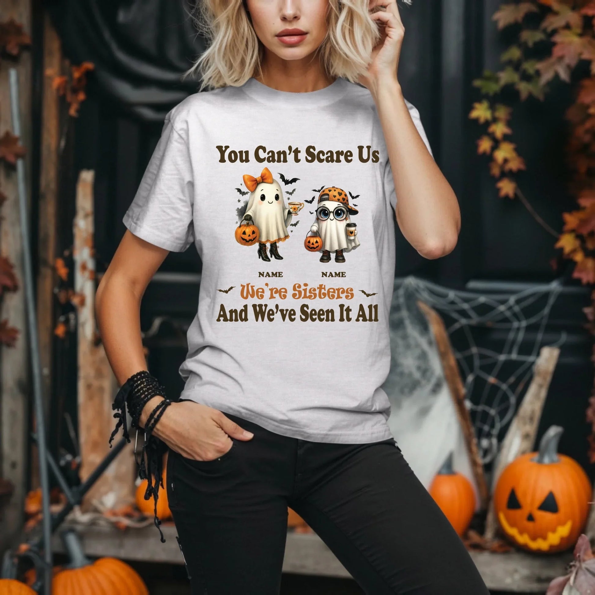 Personalized Sisters Halloween Shirt – Custom Names & Ghost Characters Hoodie, Sweatshirt | InkThreadWorks.com (Image 1)