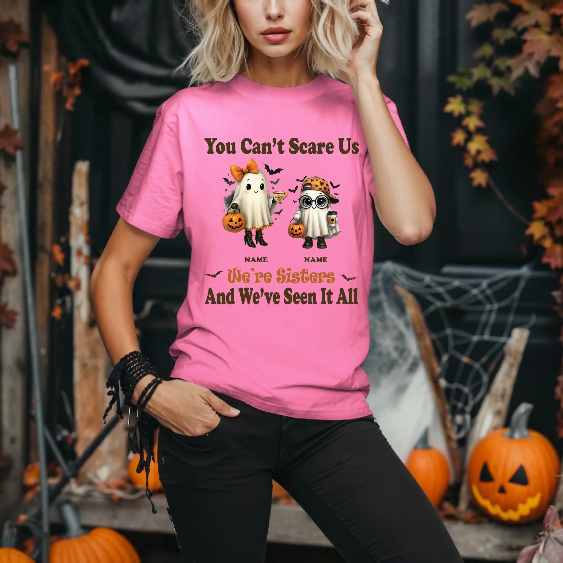 Personalized Sisters Halloween Shirt – Custom Names & Ghost Characters Hoodie, Sweatshirt | InkThreadWorks.com (Image 3)