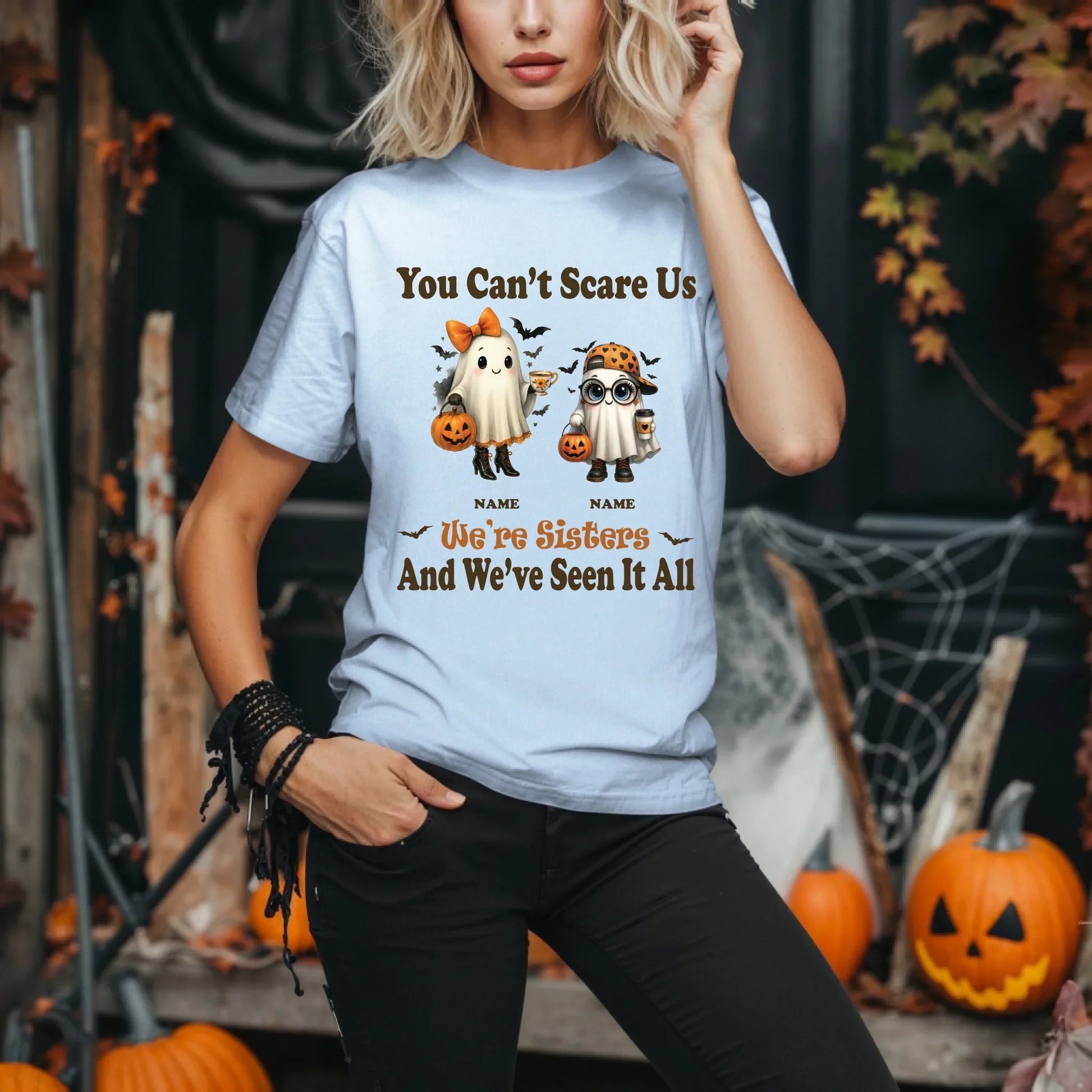 Personalized Sisters Halloween Shirt – Custom Names & Ghost Characters Hoodie, Sweatshirt | InkThreadWorks.com (Image 4)
