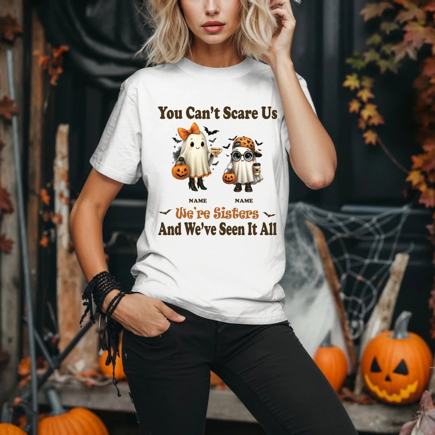 Personalized Sisters Halloween Shirt – Custom Names & Ghost Characters Hoodie, Sweatshirt | InkThreadWorks.com (Image 2)