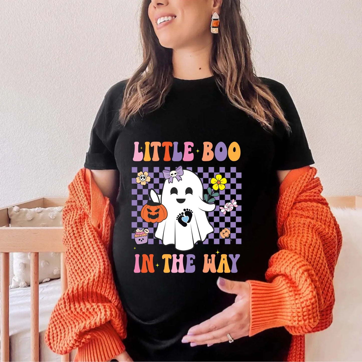 Custom Halloween Pregnancy Shirt – Little Boo in the Way – Choose Baby Gender Hoodie, Sweatshirt (Image 1)