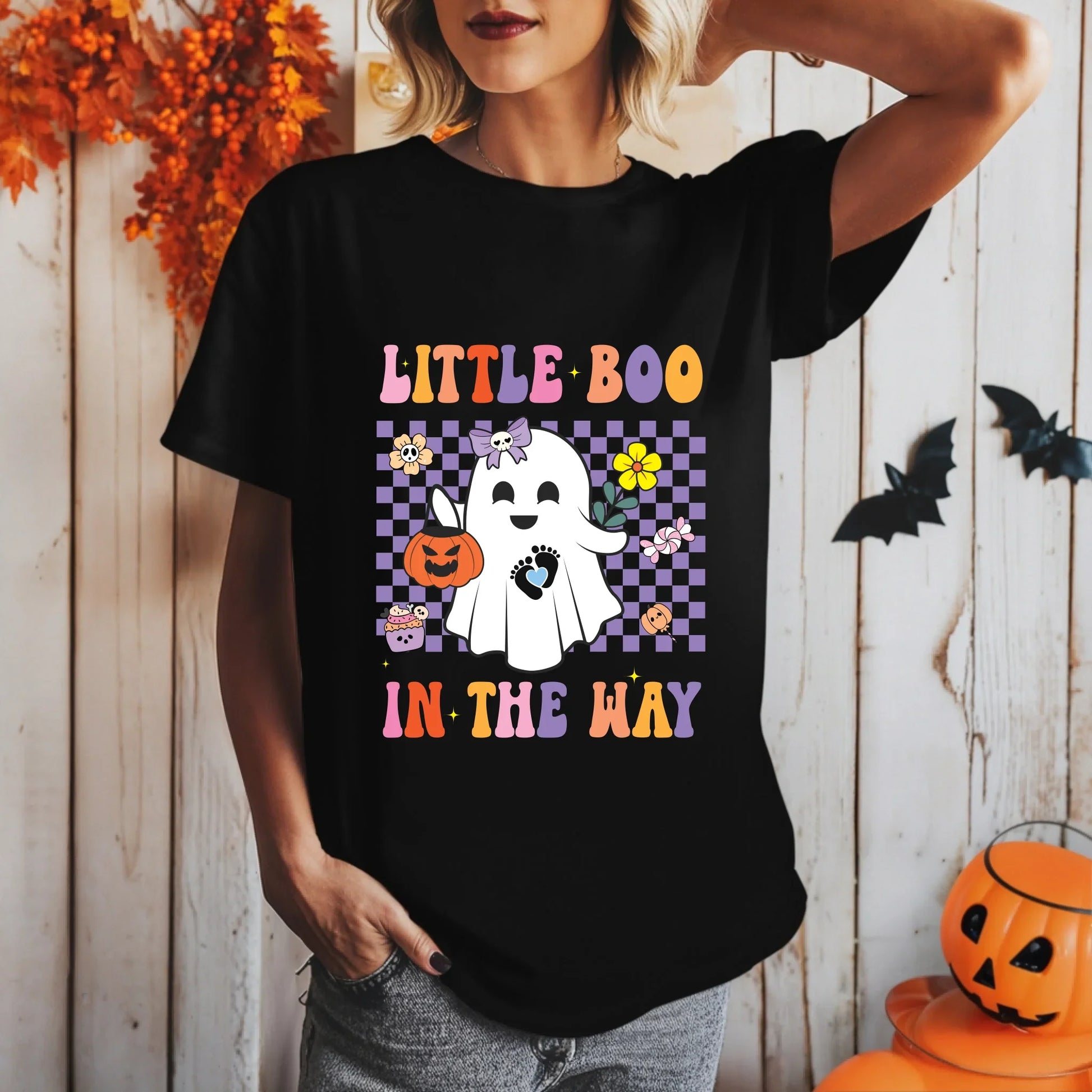 Custom Halloween Pregnancy Shirt – Little Boo in the Way – Choose Baby Gender Hoodie, Sweatshirt (Image 2)