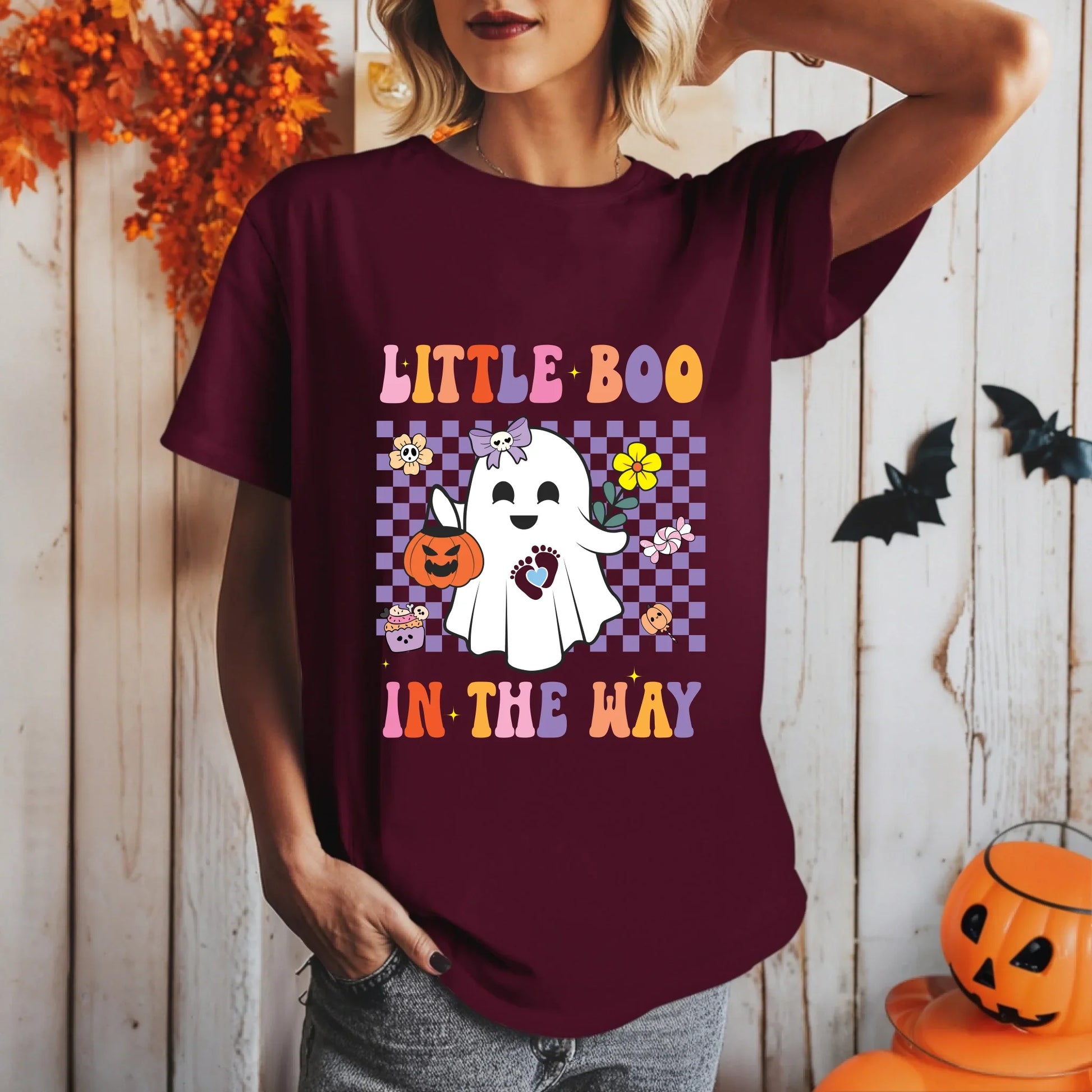 Custom Halloween Pregnancy Shirt – Little Boo in the Way – Choose Baby Gender Hoodie, Sweatshirt (Image 4)