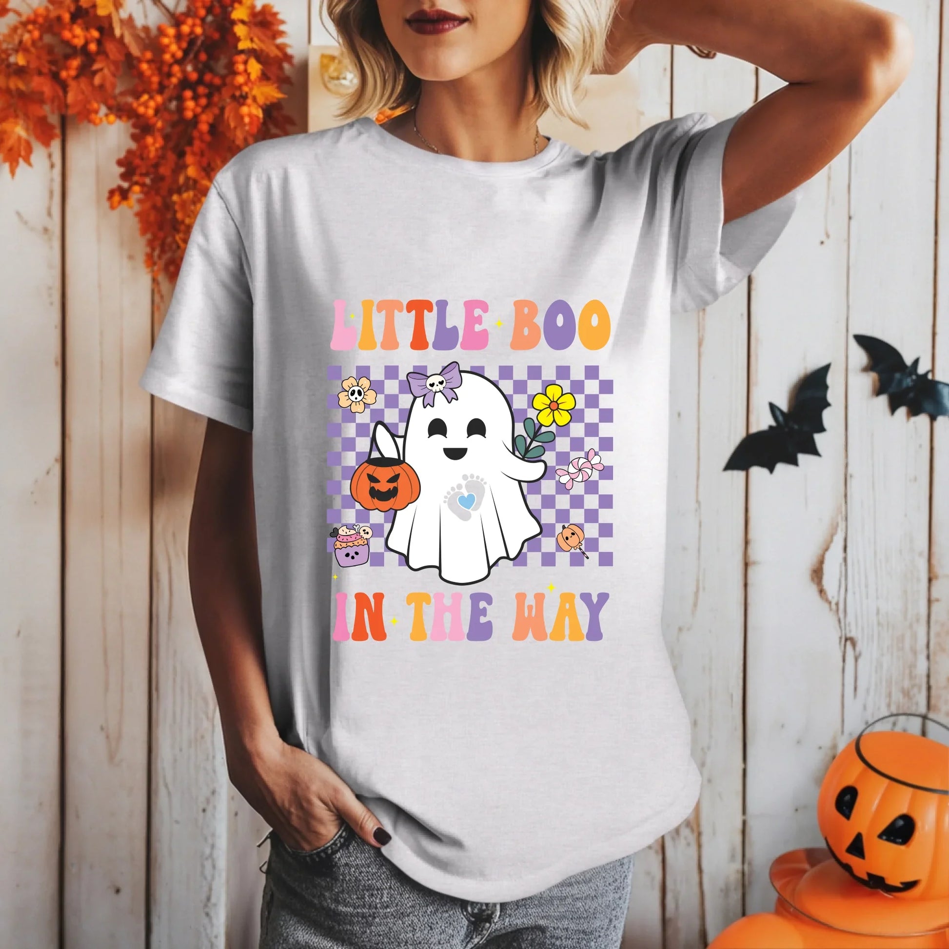 Custom Halloween Pregnancy Shirt – Little Boo in the Way – Choose Baby Gender Hoodie, Sweatshirt (Image 5)