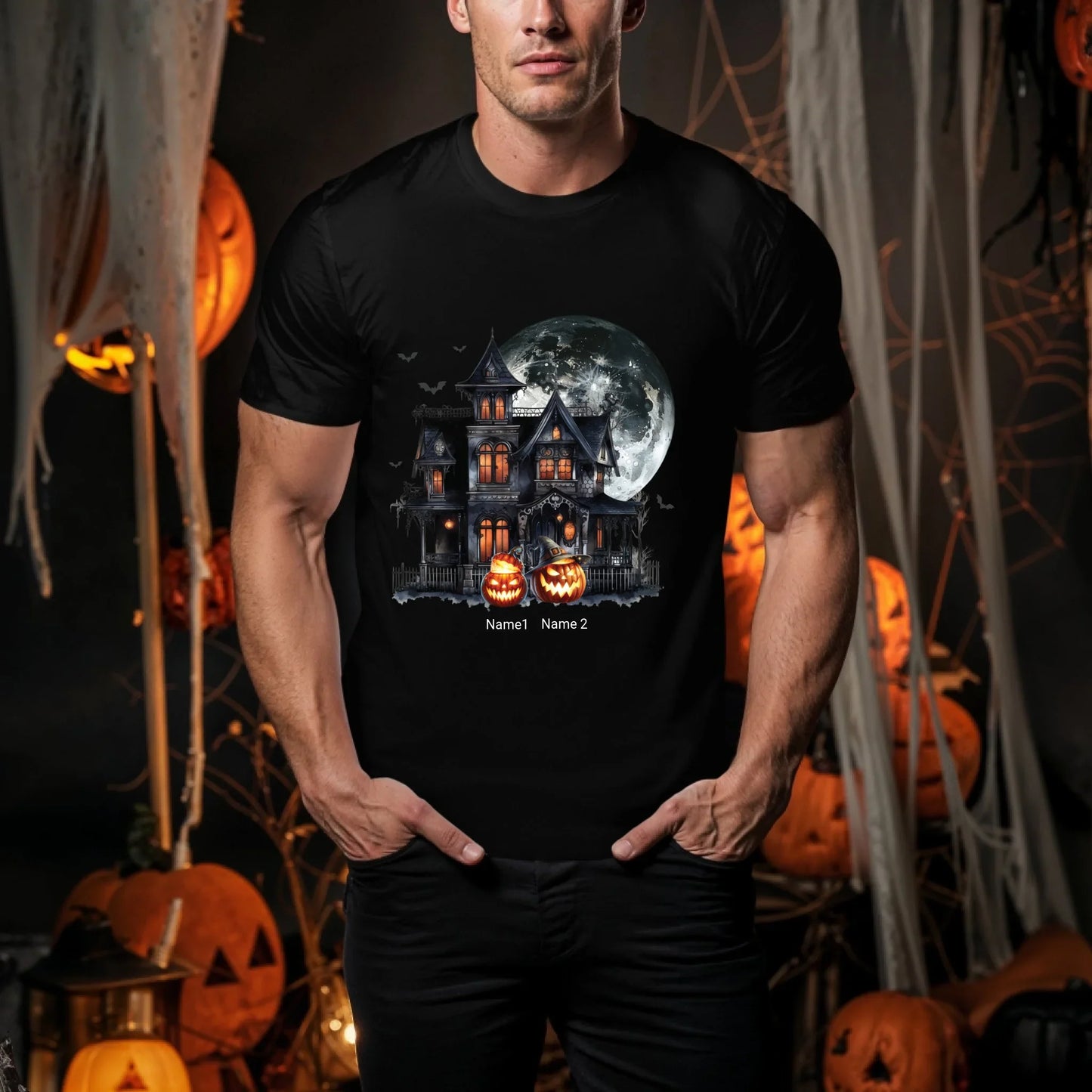 Personalized Haunted House Halloween Shirt – Custom Pumpkins & Names Hoodie, Sweatshirt | InkThreadWorks.com (Image 1)