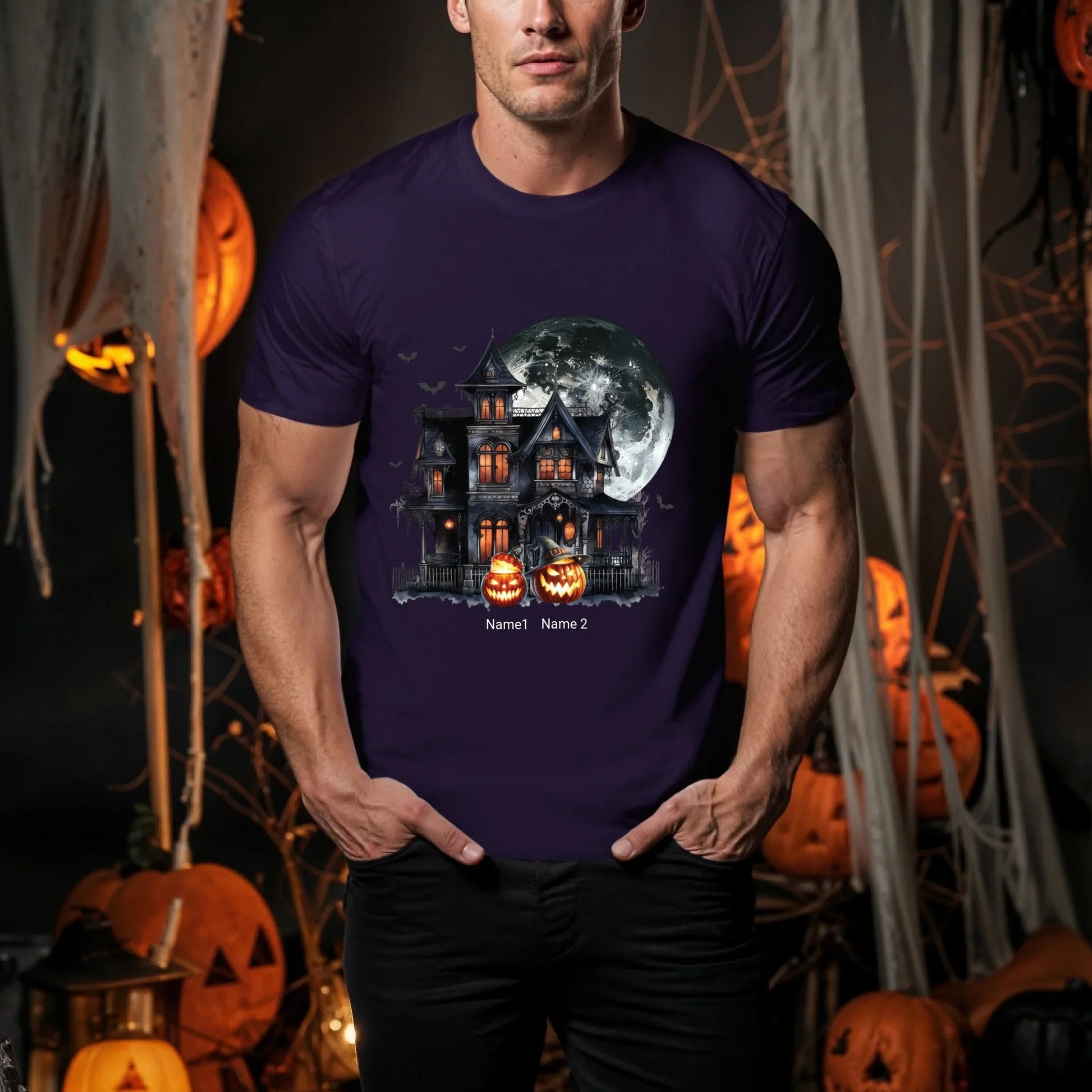 Personalized Haunted House Halloween Shirt – Custom Pumpkins & Names Hoodie, Sweatshirt | InkThreadWorks.com (Image 2)