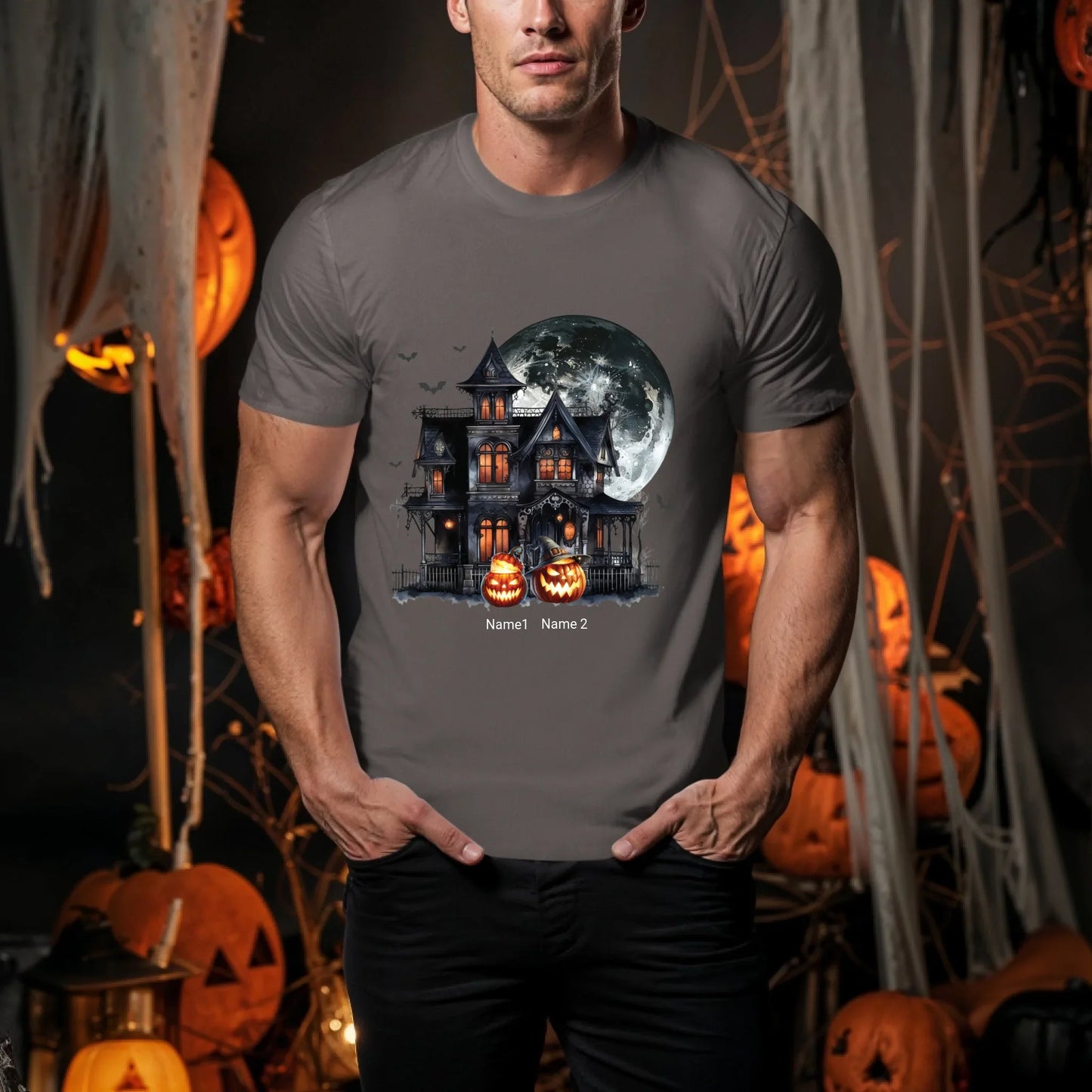 Personalized Haunted House Halloween Shirt – Custom Pumpkins & Names Hoodie, Sweatshirt | InkThreadWorks.com (Image 3)