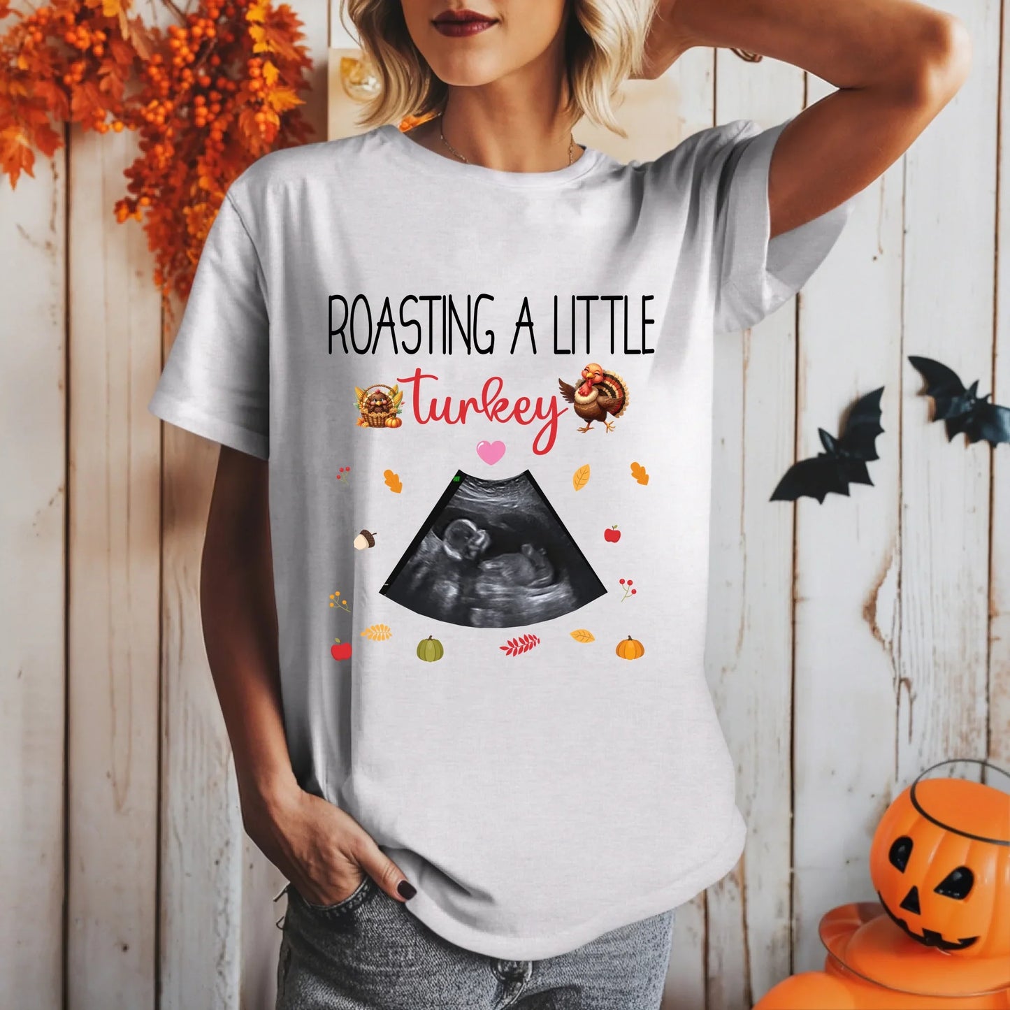 Personalized Thanksgiving Maternity T-Shirt – Custom Baby Ultrasound Design “Roasting a Little Turkey” Hoodie,... (Image 4)