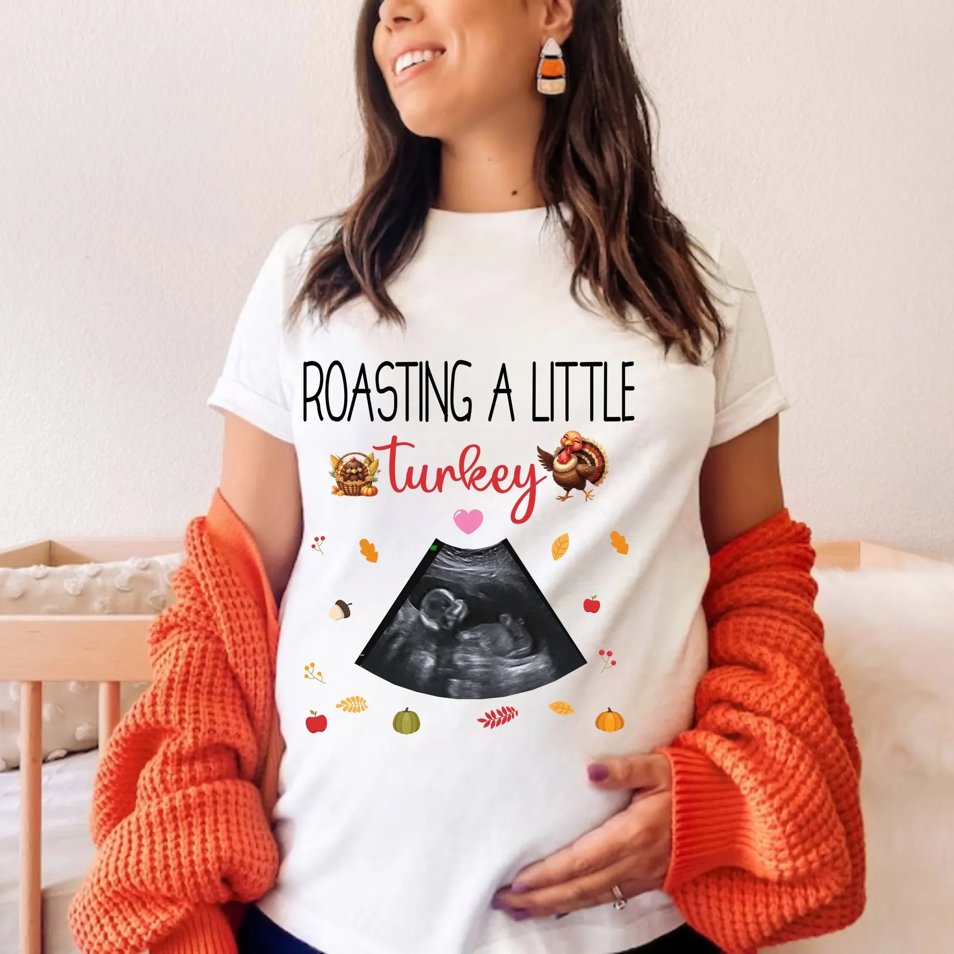 Personalized Thanksgiving Maternity T-Shirt – Custom Baby Ultrasound Design “Roasting a Little Turkey” Hoodie,... (Image 1)