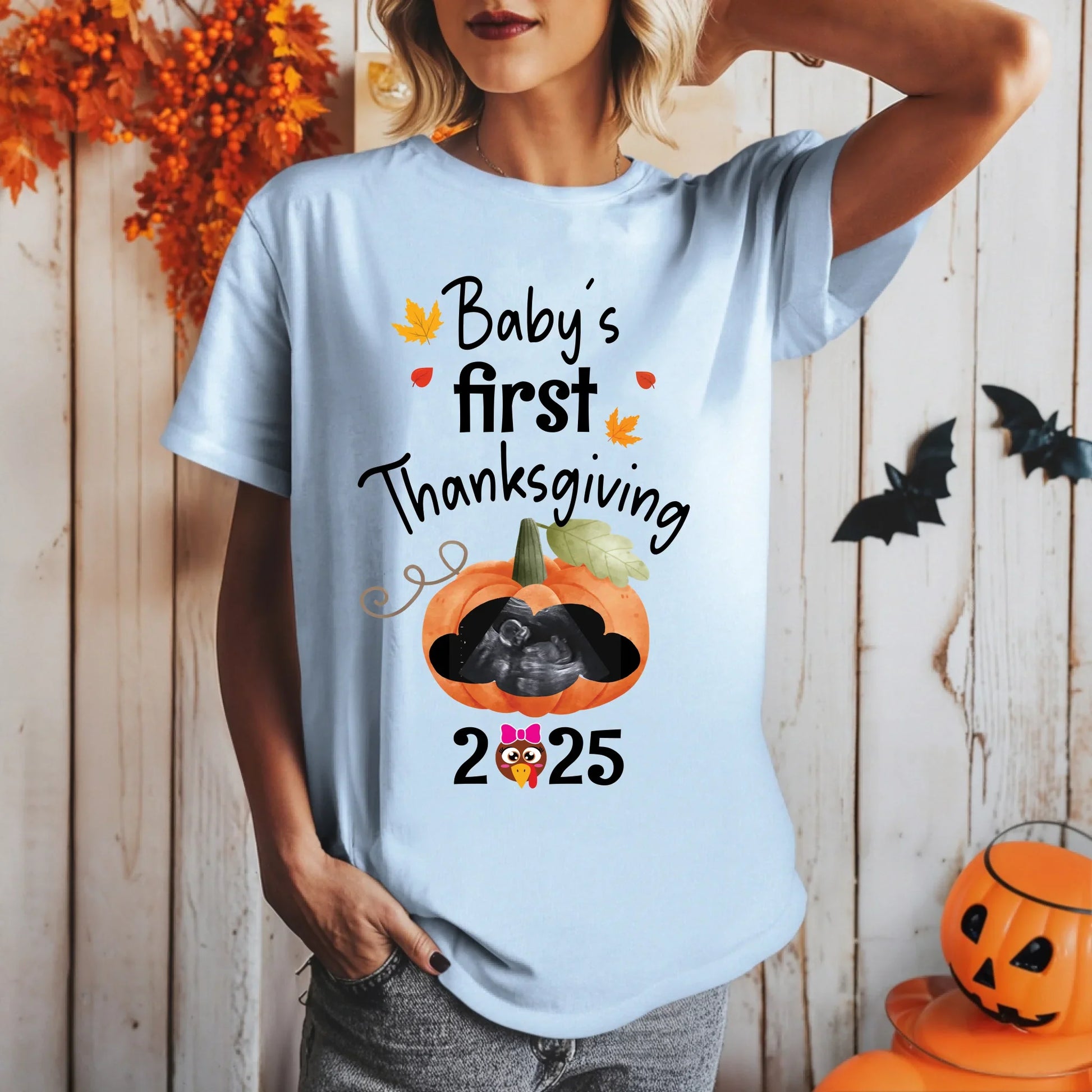 Personalized Baby’s First Thanksgiving 2025 Maternity Shirt – Custom Baby Ultrasound Fall Reveal Tee Hoodie,... (Image 5)