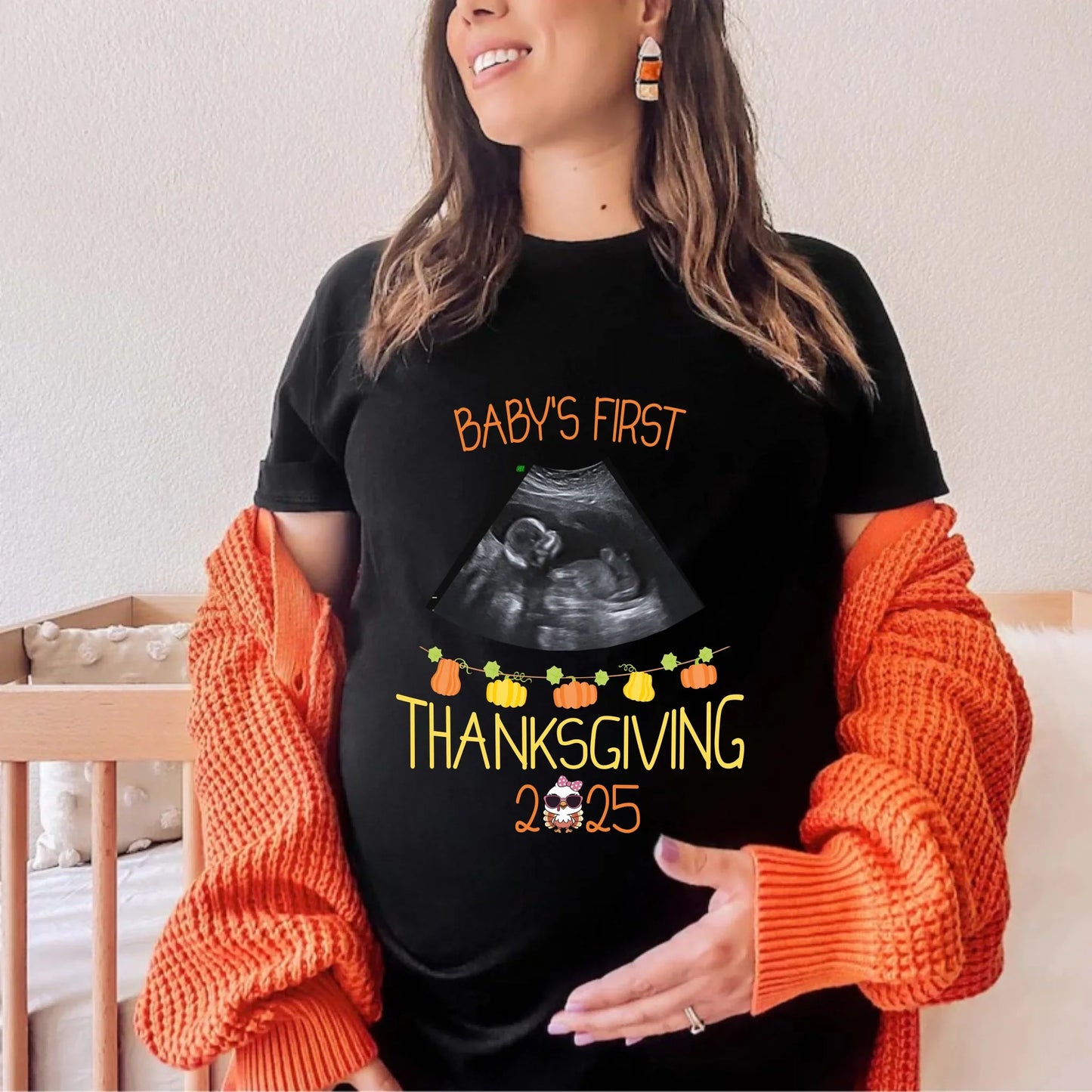 Personalized Baby’s First Thanksgiving 2025 Maternity Shirt – Custom Ultrasound Pumpkin Design Hoodie, Sweatshirt (Image 1)