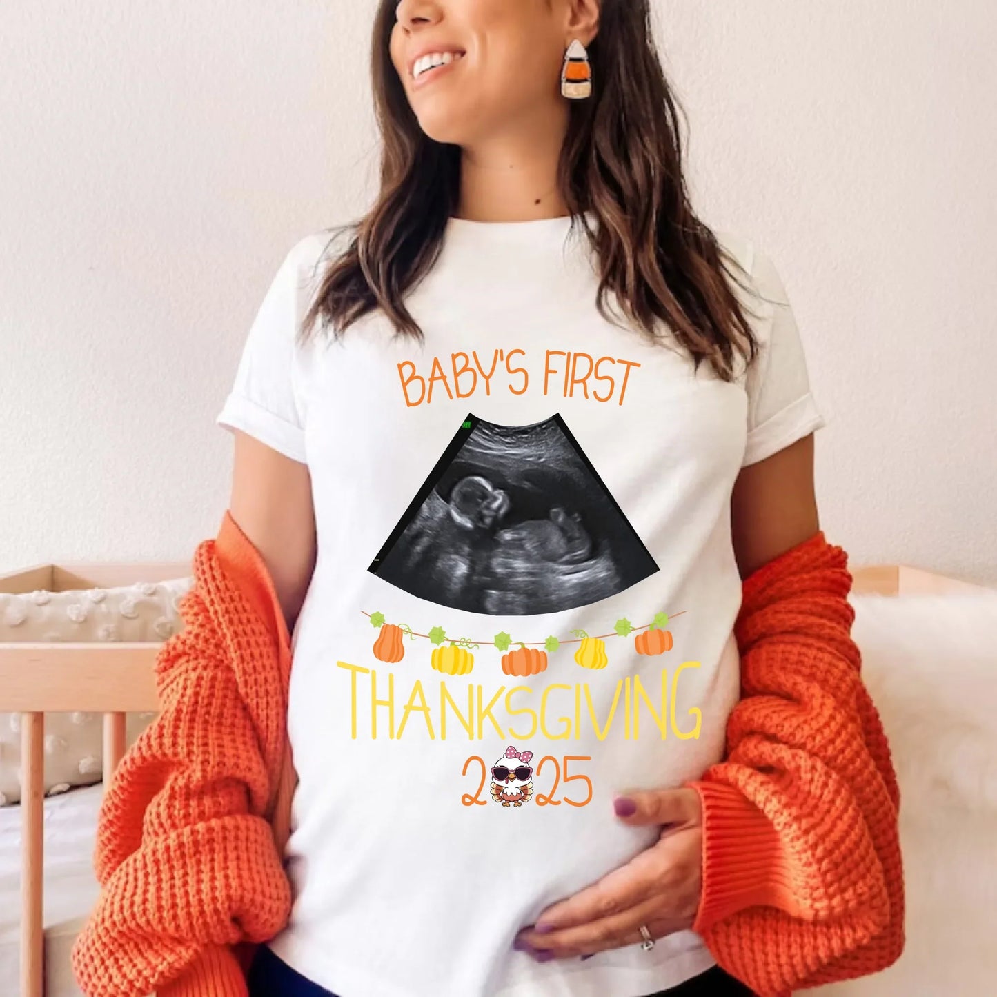Personalized Baby’s First Thanksgiving 2025 Maternity Shirt – Custom Ultrasound Pumpkin Design Hoodie, Sweatshirt (Image 2)