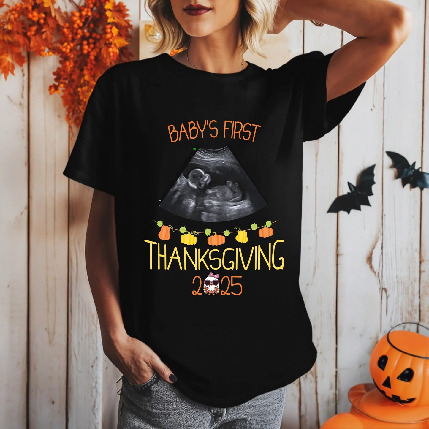 Personalized Baby’s First Thanksgiving 2025 Maternity Shirt – Custom Ultrasound Pumpkin Design Hoodie, Sweatshirt (Image 3)