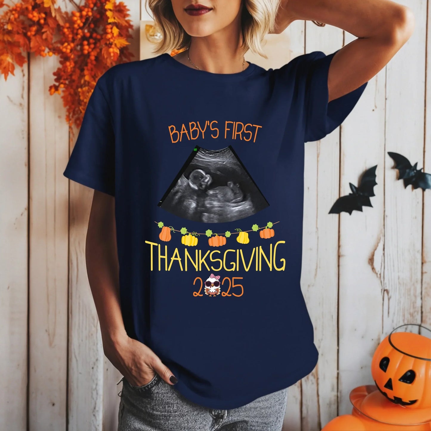 Personalized Baby’s First Thanksgiving 2025 Maternity Shirt – Custom Ultrasound Pumpkin Design Hoodie, Sweatshirt (Image 4)