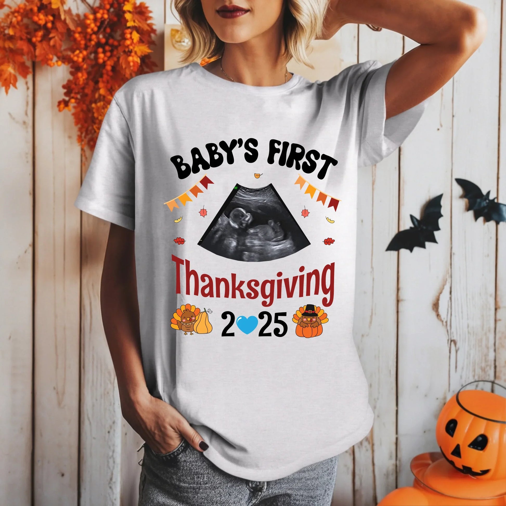 Baby’s First Thanksgiving Shirt – Custom Ultrasound Photo | Personalized Maternity Fall Tee 2025 Hoodie, Sweatshirt (Image 3)