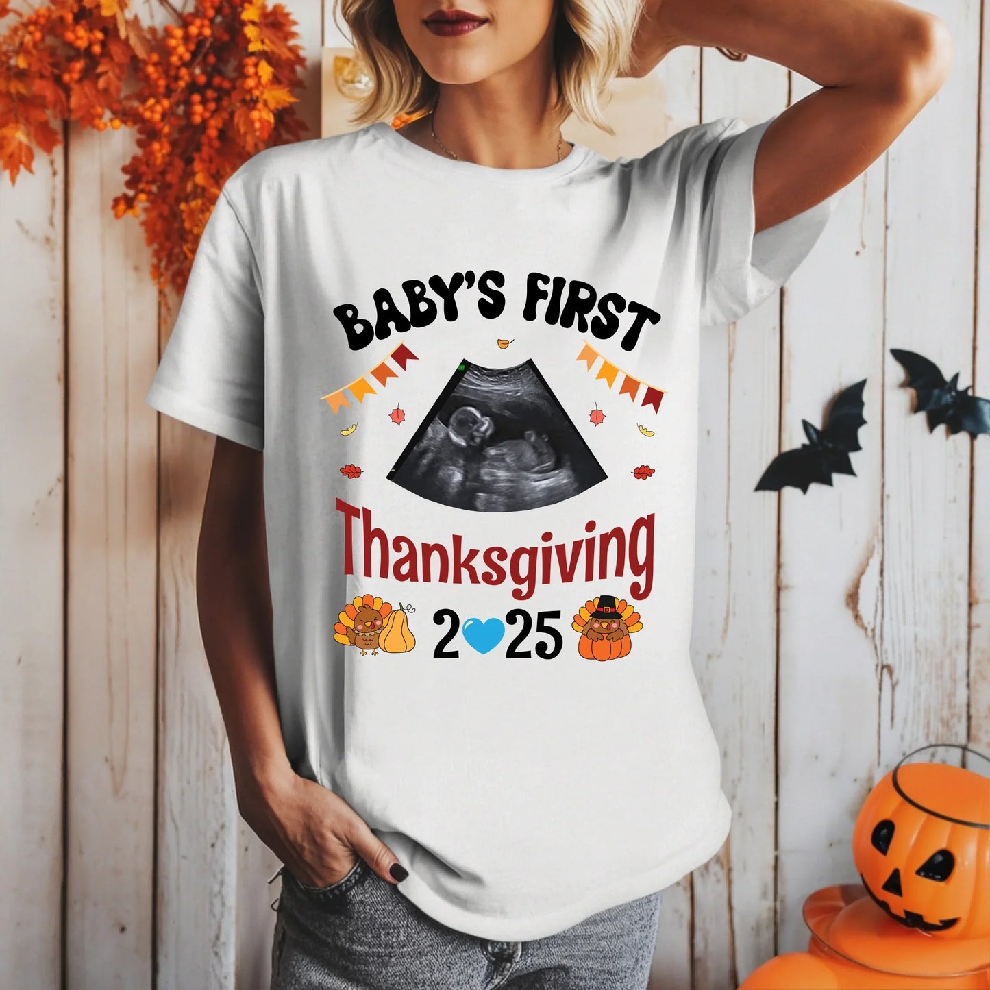 Baby’s First Thanksgiving Shirt – Custom Ultrasound Photo | Personalized Maternity Fall Tee 2025 Hoodie, Sweatshirt (Image 2)
