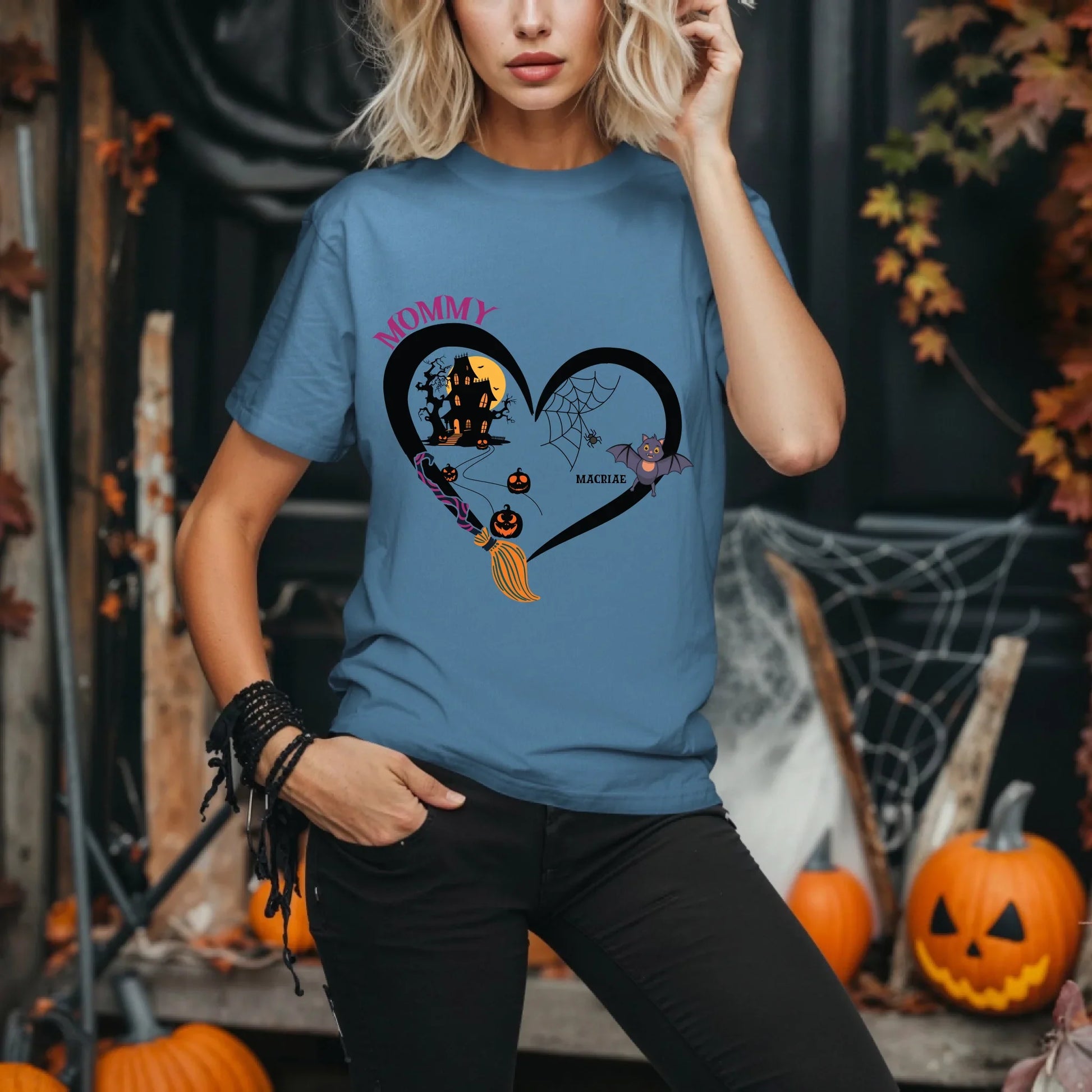 Personalized Mommy Halloween Shirt – Custom Bat Icons & Kids’ Names – Spooky Heart Tee Hoodie, Sweatshirt (Image 2)