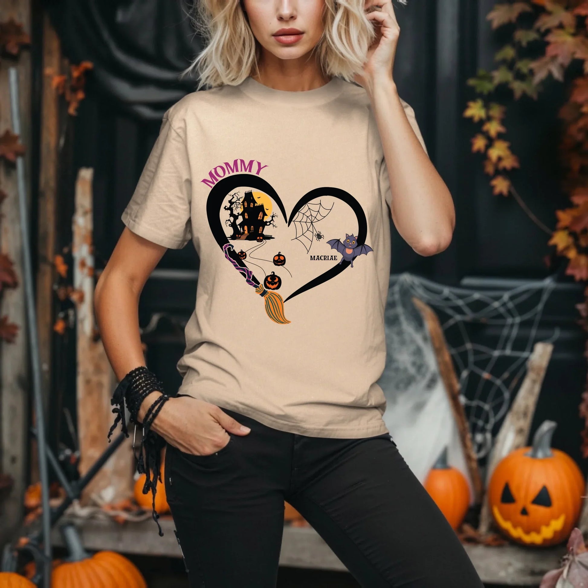 Personalized Mommy Halloween Shirt – Custom Bat Icons & Kids’ Names – Spooky Heart Tee Hoodie, Sweatshirt (Image 3)