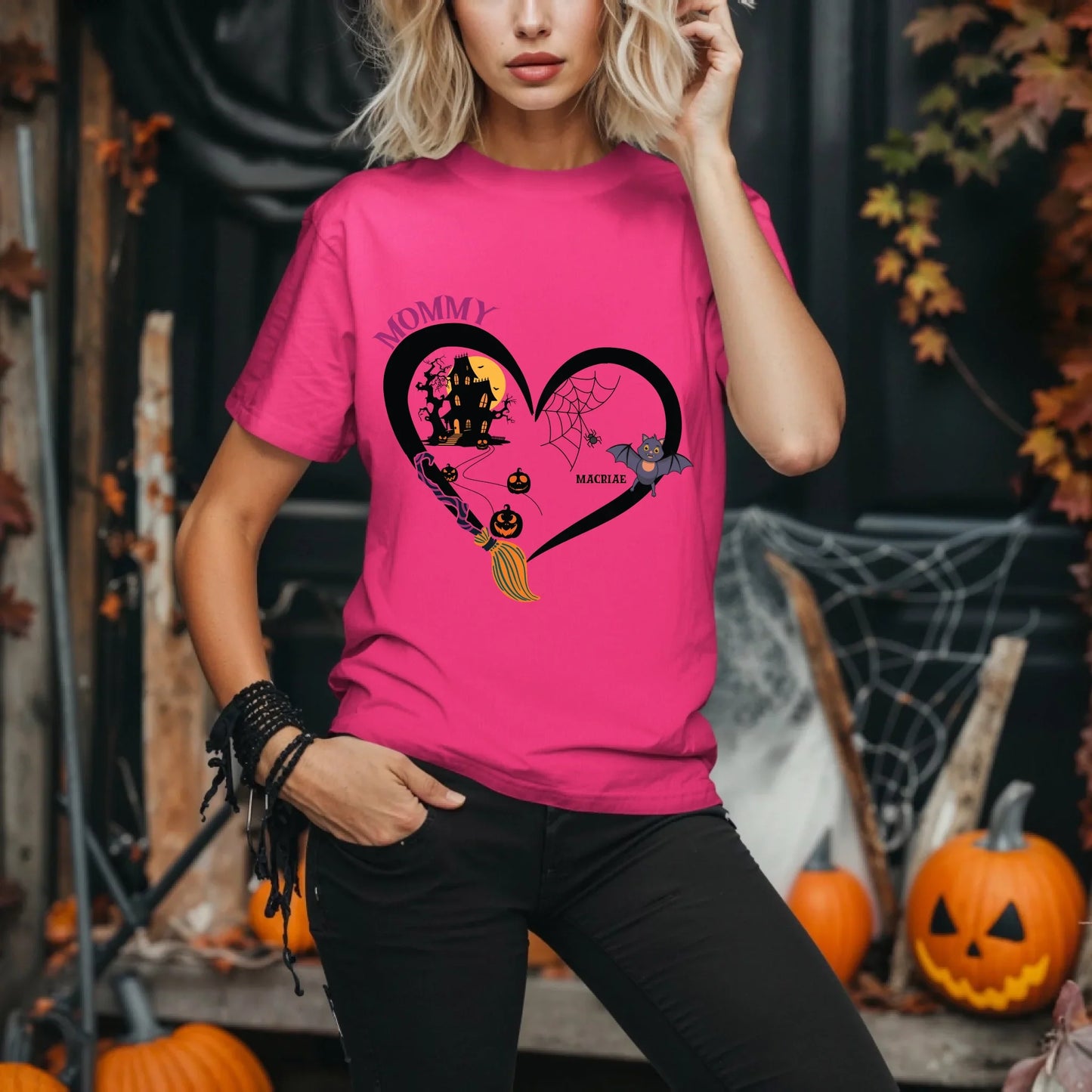 Personalized Mommy Halloween Shirt – Custom Bat Icons & Kids’ Names – Spooky Heart Tee Hoodie, Sweatshirt (Image 1)