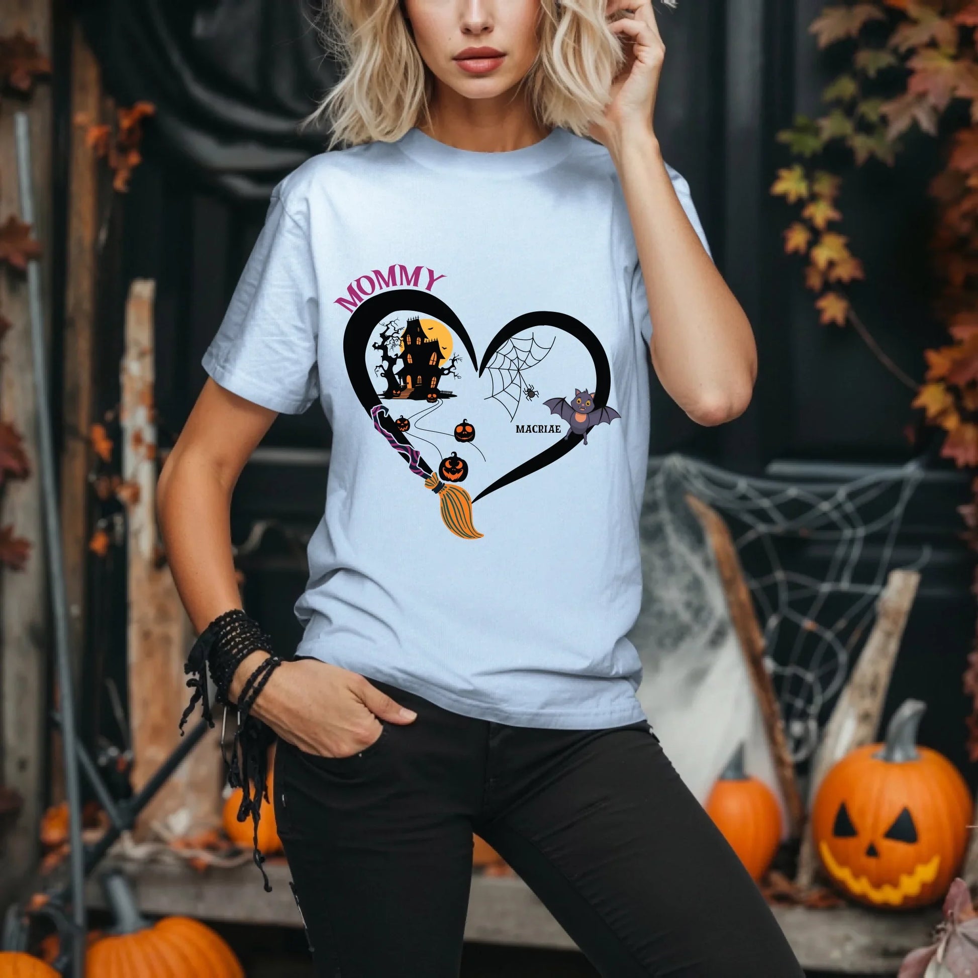 Personalized Mommy Halloween Shirt – Custom Bat Icons & Kids’ Names – Spooky Heart Tee Hoodie, Sweatshirt (Image 4)