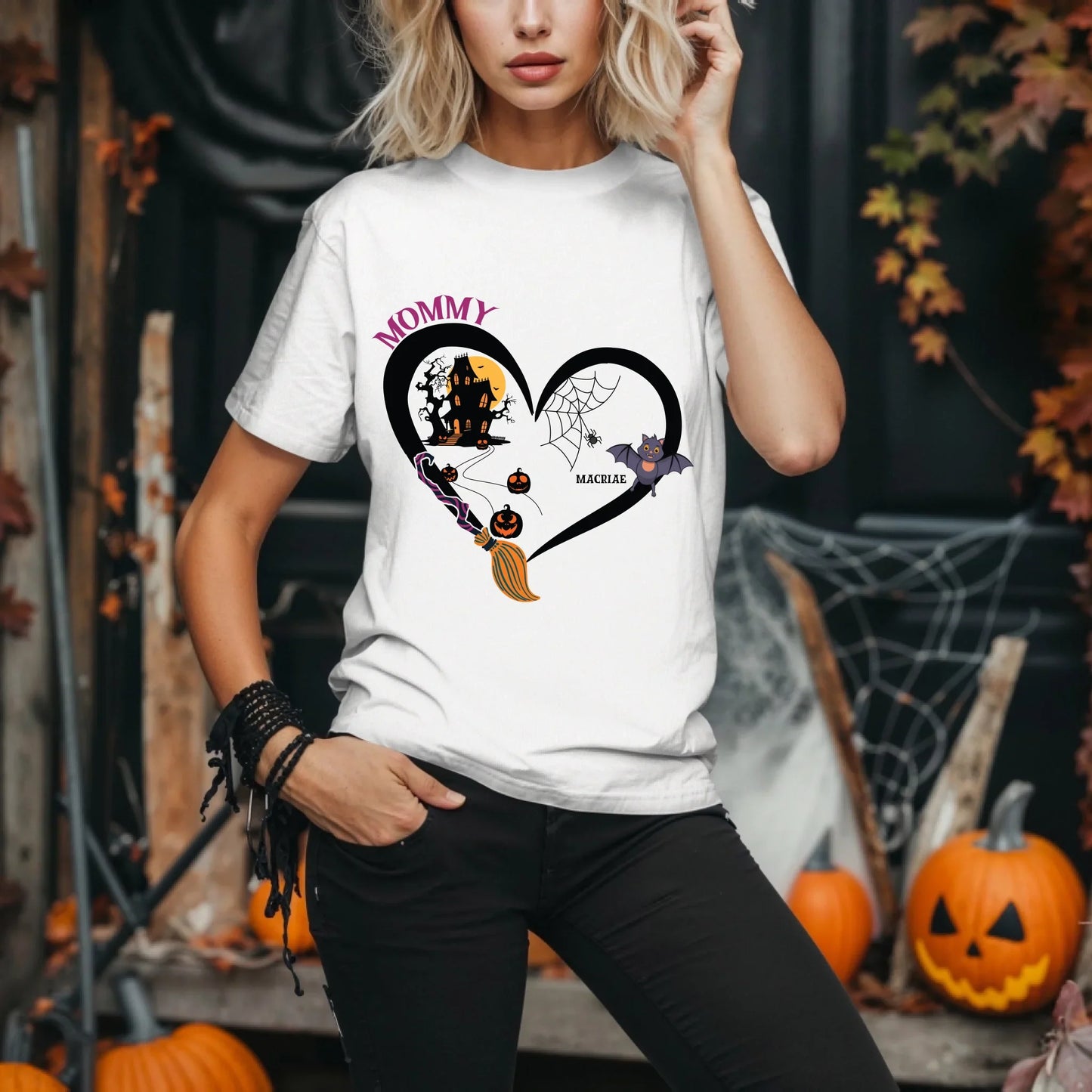 Personalized Mommy Halloween Shirt – Custom Bat Icons & Kids’ Names – Spooky Heart Tee Hoodie, Sweatshirt (Image 5)