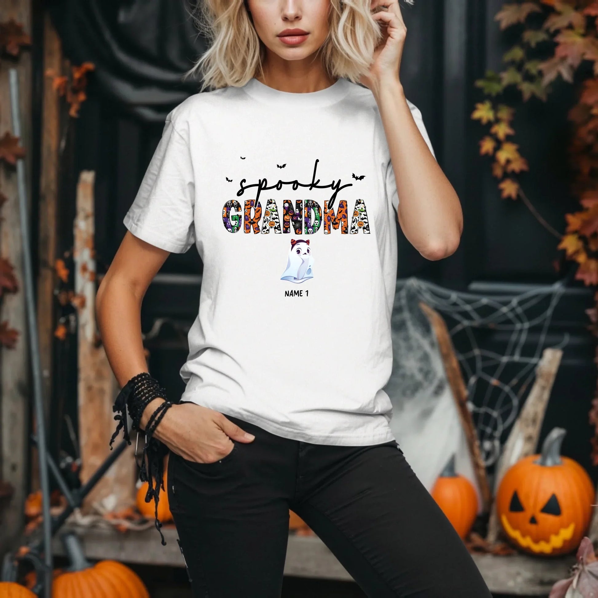 Personalized Spooky Grandma Halloween Shirt – Custom Ghosts & Names Hoodie, Sweatshirt | InkThreadWorks.com (Image 1)