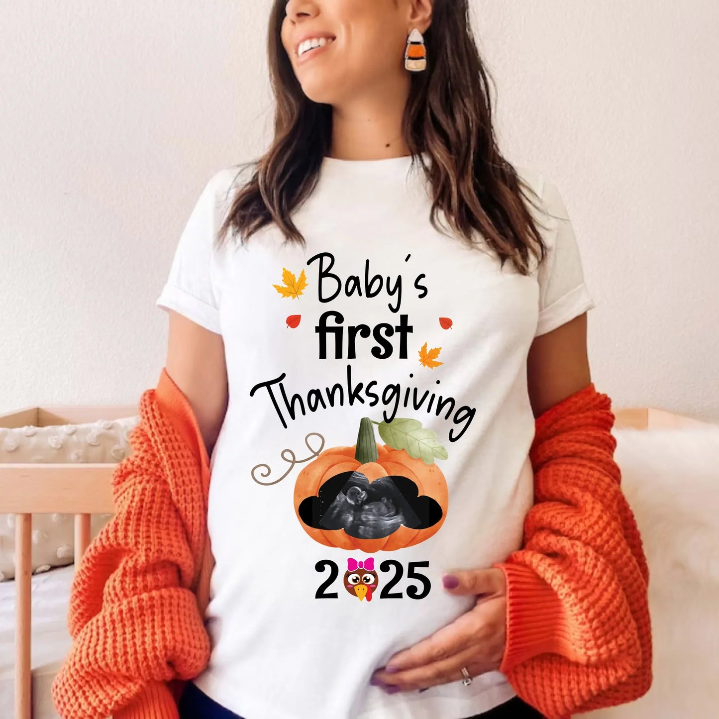 Personalized Baby’s First Thanksgiving 2025 Maternity Shirt – Custom Baby Ultrasound Fall Reveal Tee Hoodie,... (Image 1)