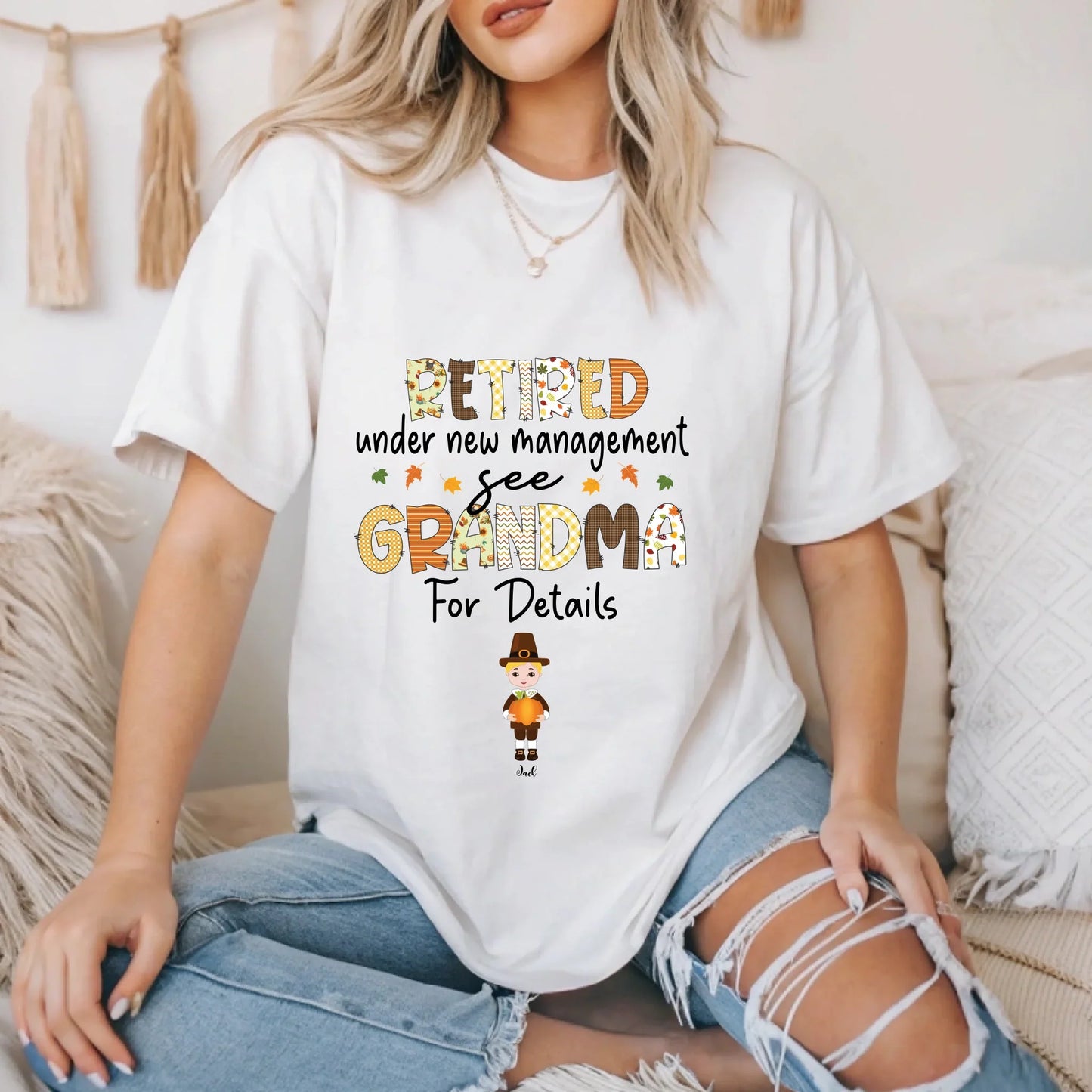 Personalized Thanksgiving Grandma Shirt – Retired Under New Management – Custom Grandkids Names & Characters... (Image 2)