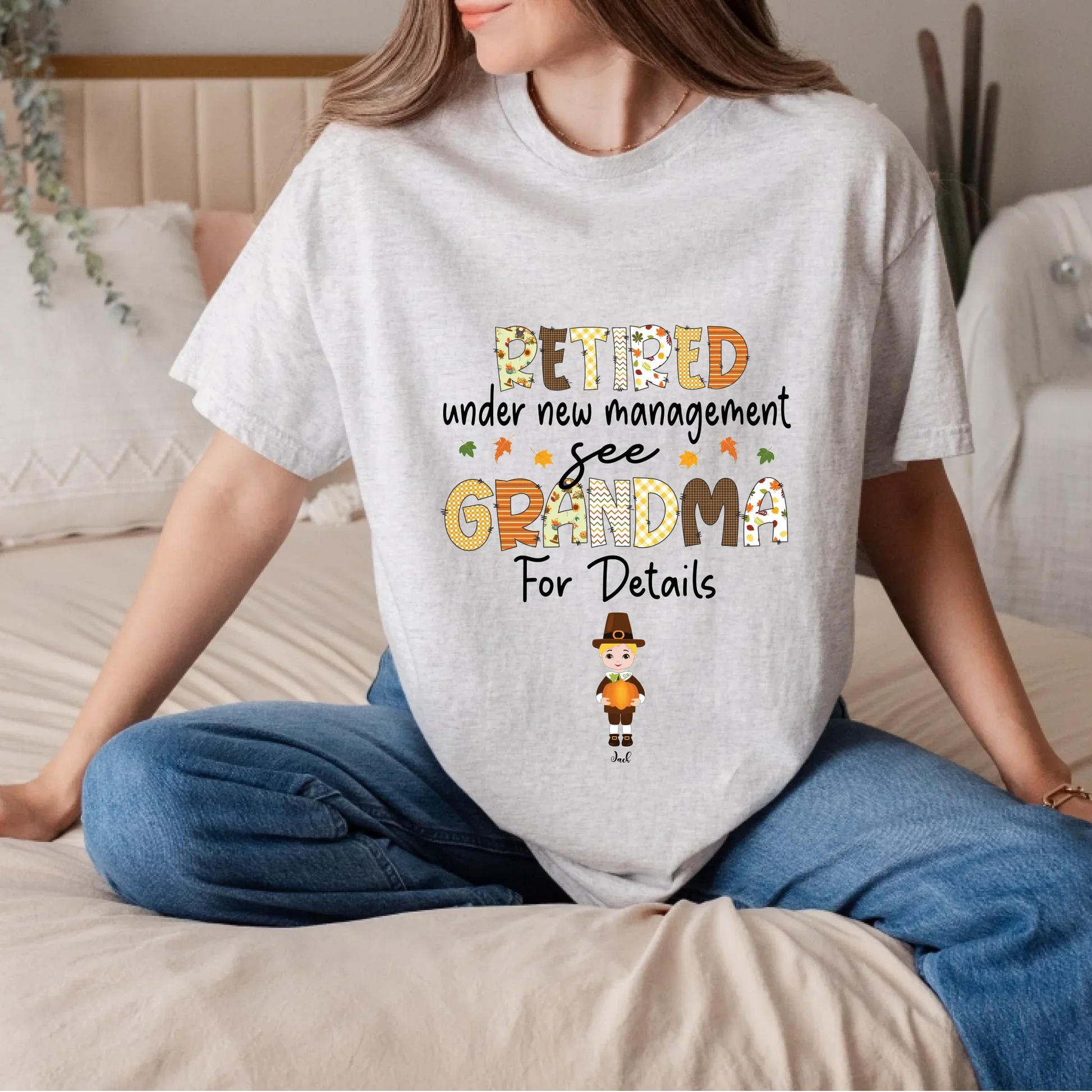 Personalized Thanksgiving Grandma Shirt – Retired Under New Management – Custom Grandkids Names & Characters... (Image 3)