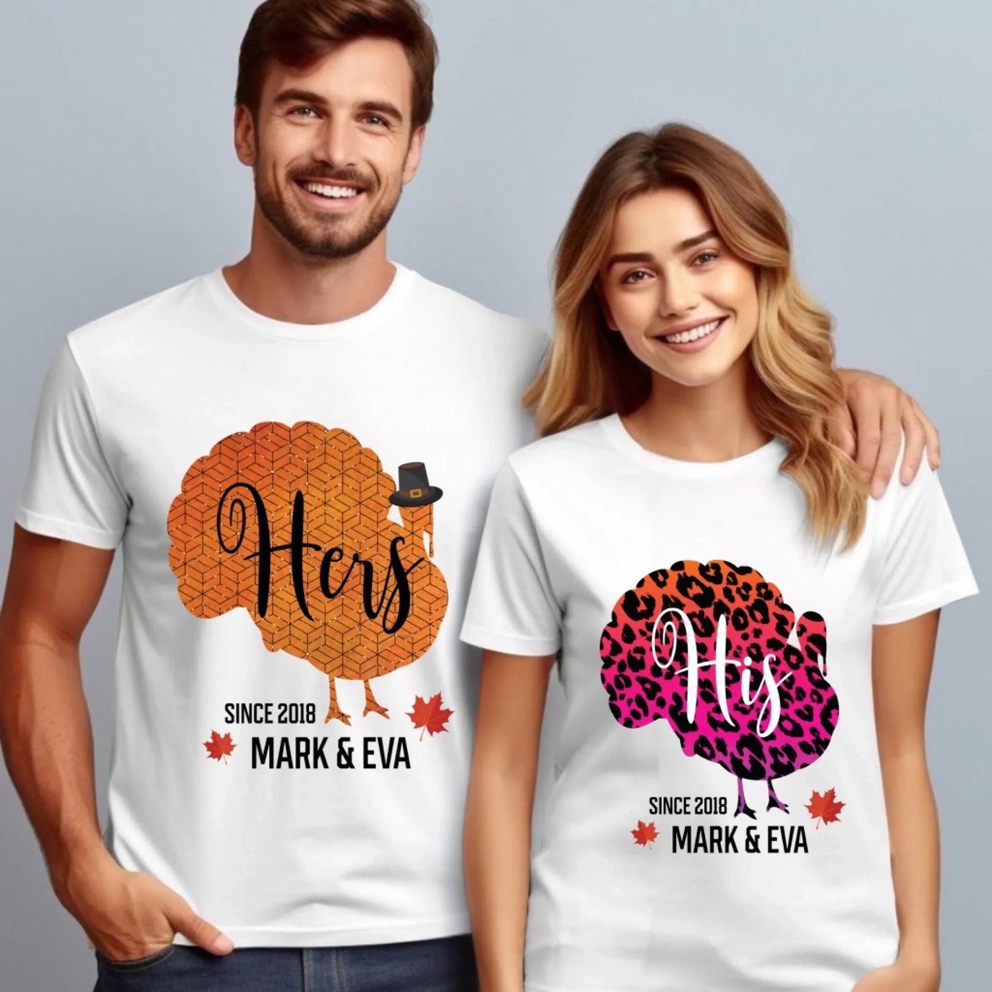 Personalized Couple Shirts – His & Hers Turkey Design with Custom Names & Anniversary Year Hoodie, Sweatshirt (Image 1)