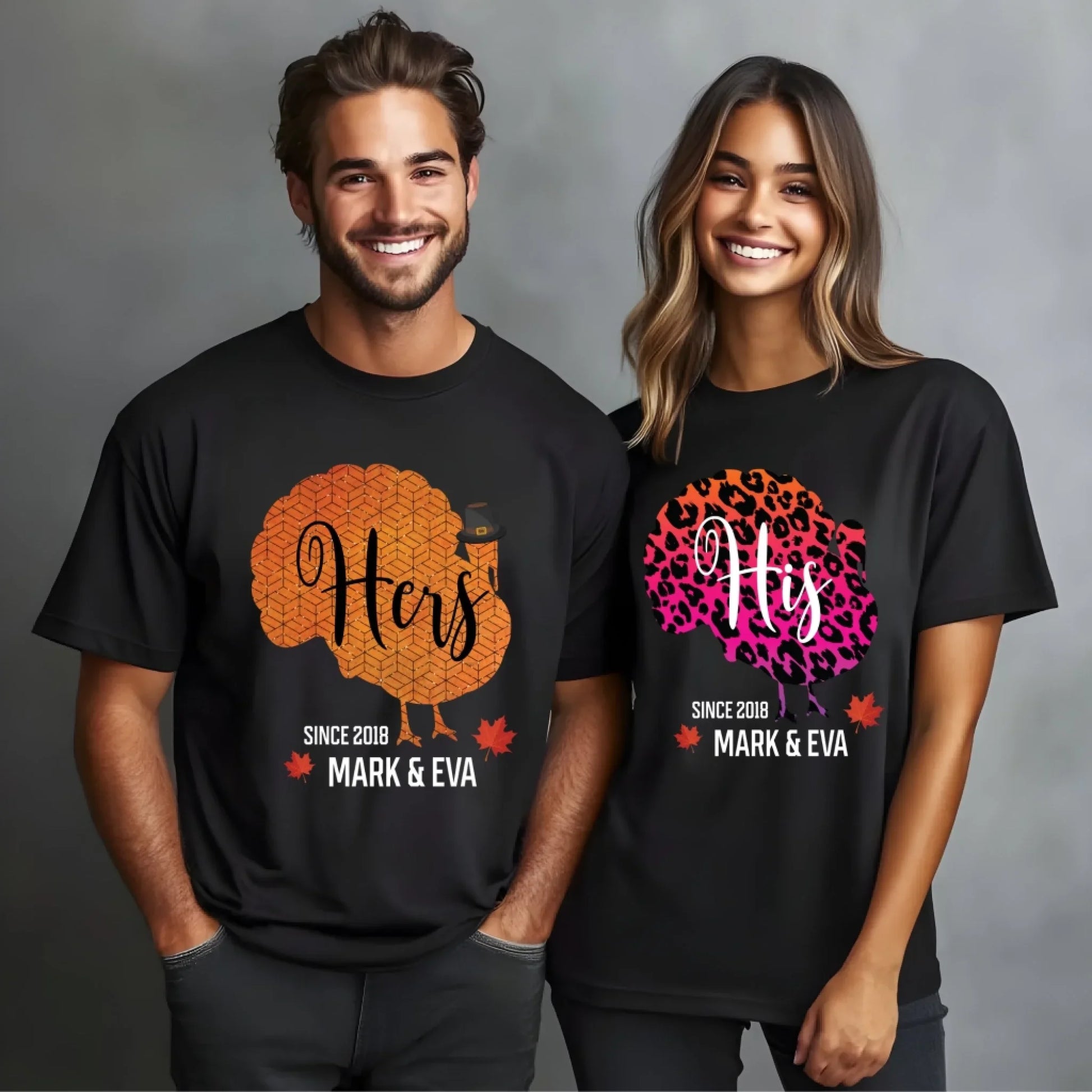 Personalized Couple Shirts – His & Hers Turkey Design with Custom Names & Anniversary Year Hoodie, Sweatshirt (Image 2)