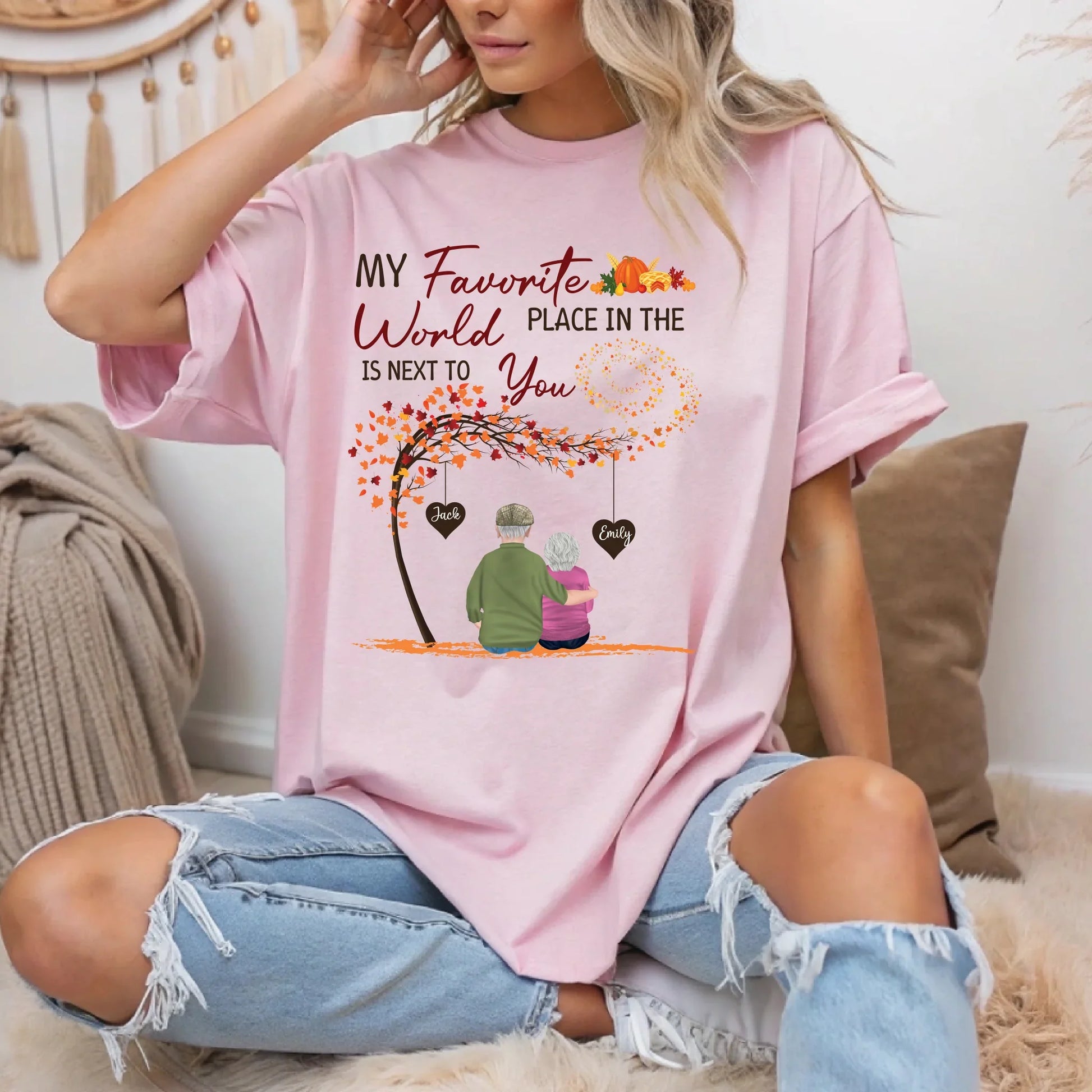 Personalized Shirt for Elderly Couple – “My Favorite Place Is Next to You” Fall Matching Tee Hoodie, Sweatshirt (Image 1)