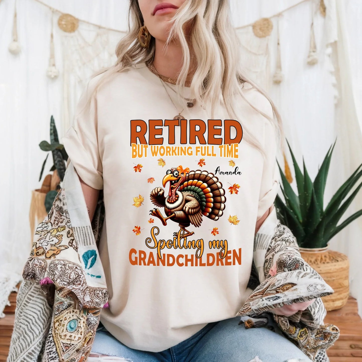 Personalized “Retired But Working Full Time Spoiling My Grandchildren” Thanksgiving Shirt for Grandma – Custom... (Image 1)