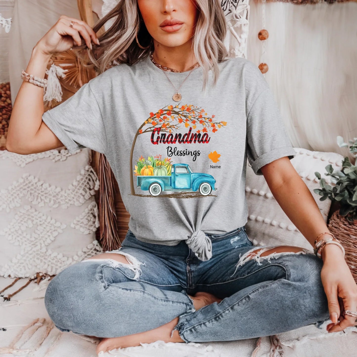 Personalized “Grandma Blessings” Shirt with Grandkids' Names – Custom Fall Leaves Family Tee Hoodie, Sweatshirt (Image 1)