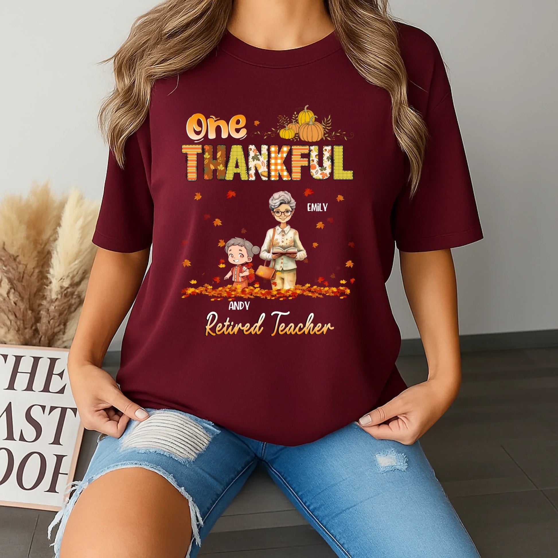 One Thankful Retired Teacher – Personalized Thanksgiving Shirt with Custom Names & Characters Hoodie, Sweatshirt (Image 1)