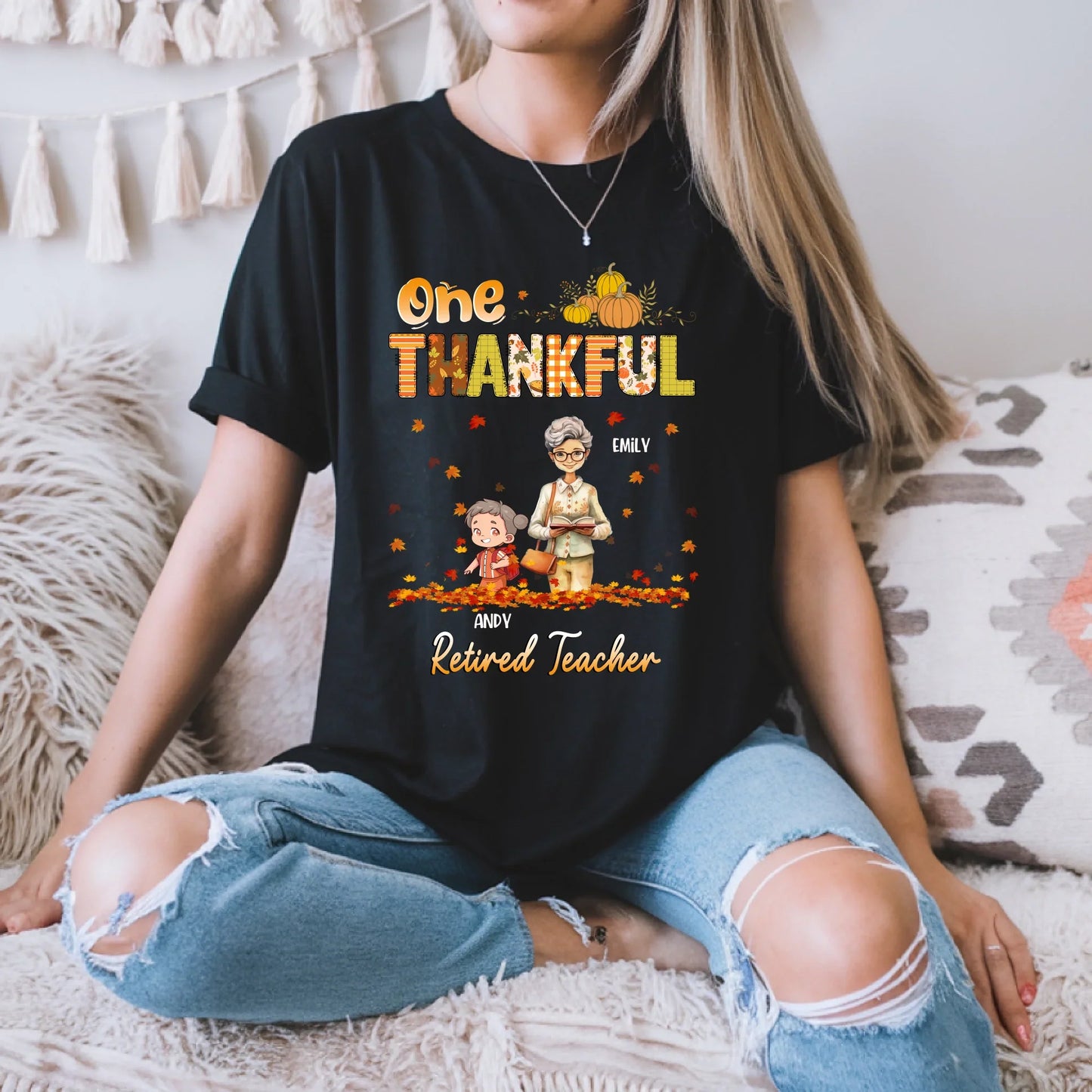 One Thankful Retired Teacher – Personalized Thanksgiving Shirt with Custom Names & Characters Hoodie, Sweatshirt (Image 2)