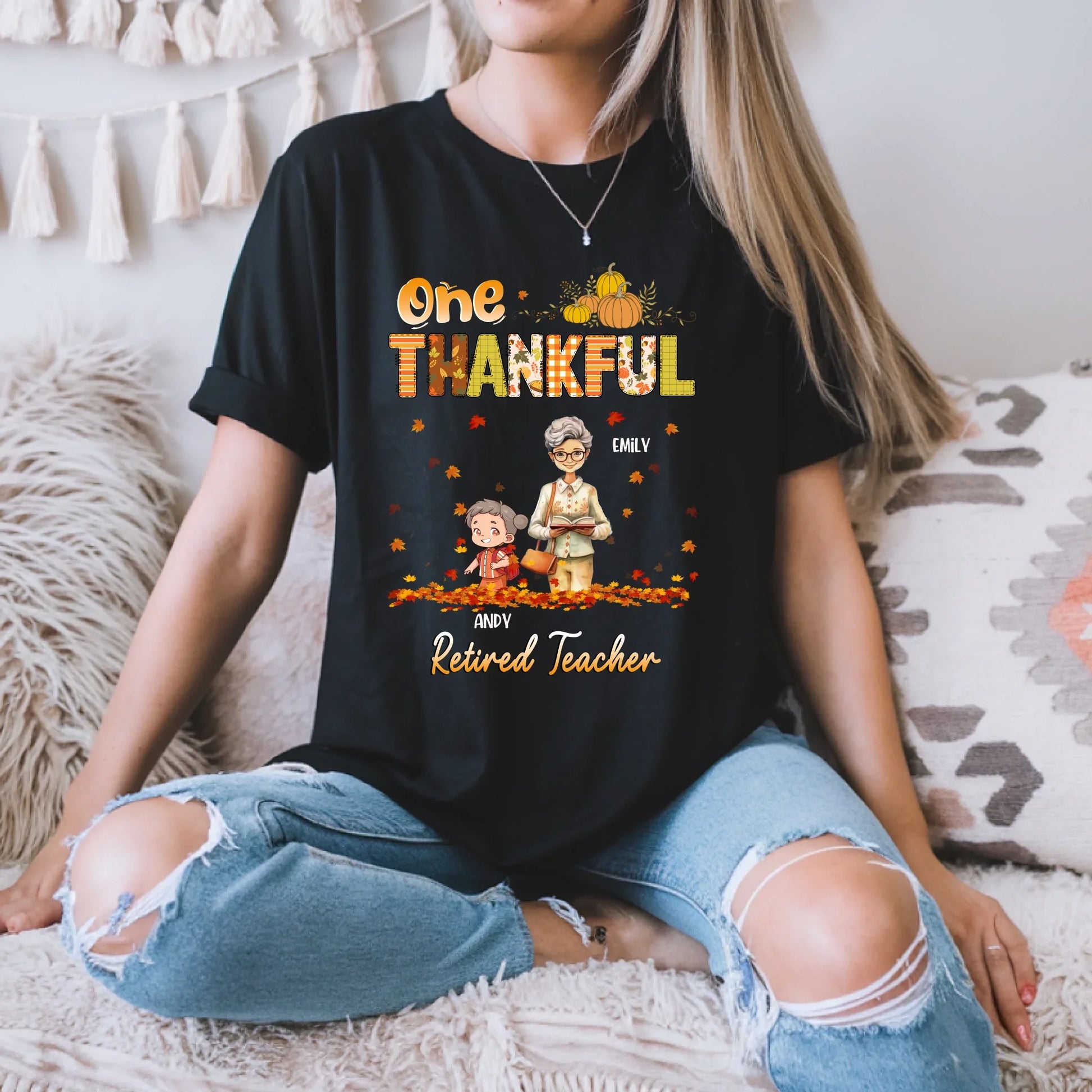 One Thankful Retired Teacher – Personalized Thanksgiving Shirt with Custom Names & Characters Hoodie, Sweatshirt (Image 2)