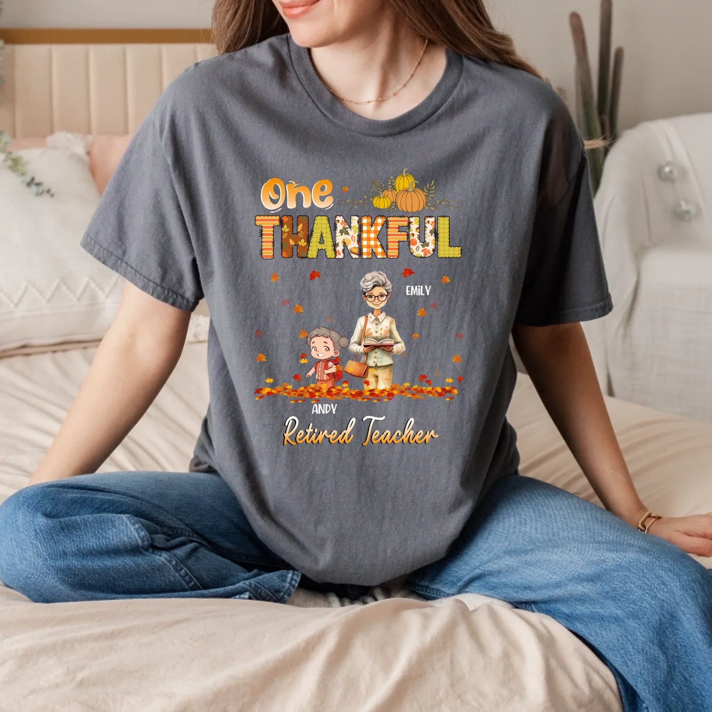 One Thankful Retired Teacher – Personalized Thanksgiving Shirt with Custom Names & Characters Hoodie, Sweatshirt (Image 3)