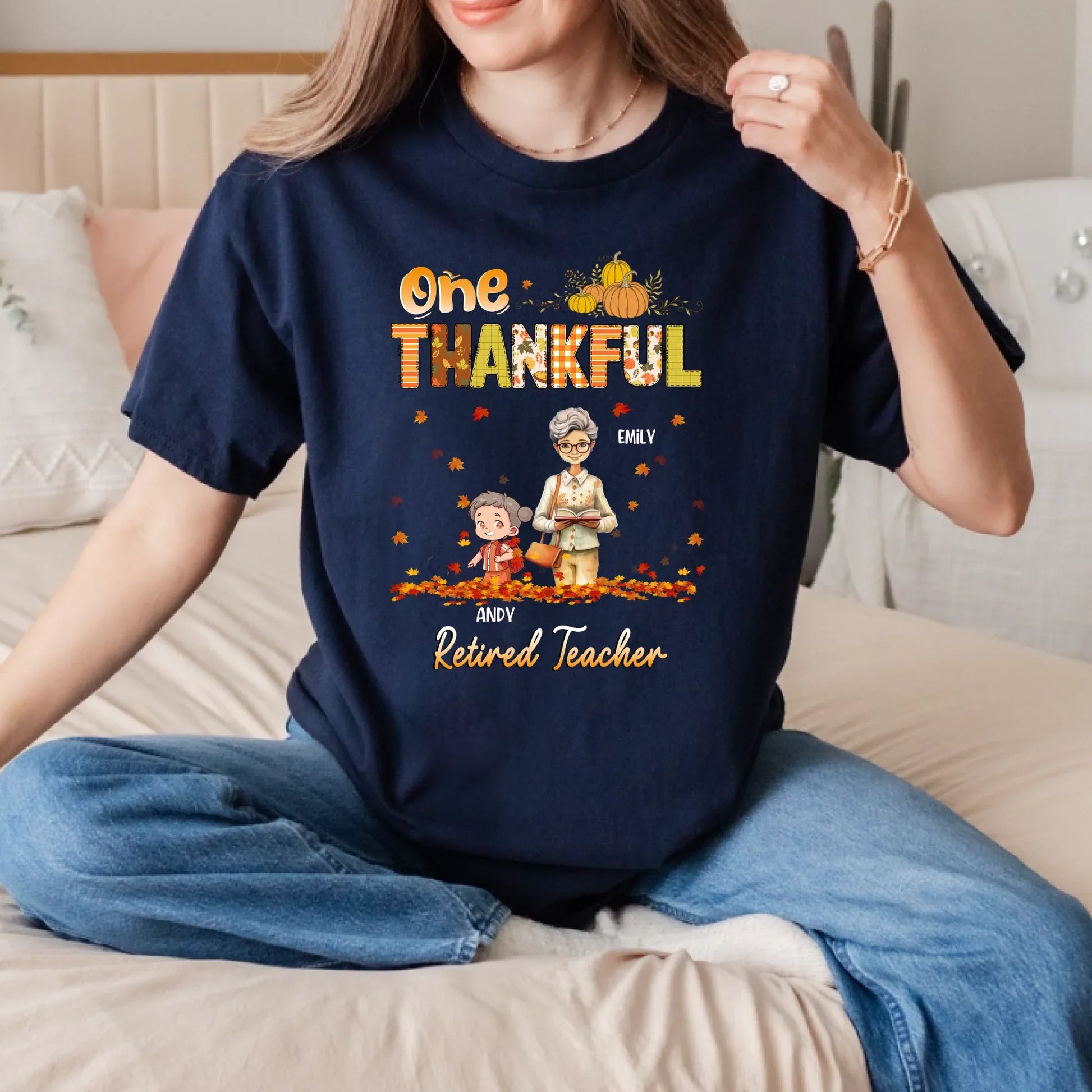 One Thankful Retired Teacher – Personalized Thanksgiving Shirt with Custom Names & Characters Hoodie, Sweatshirt (Image 4)