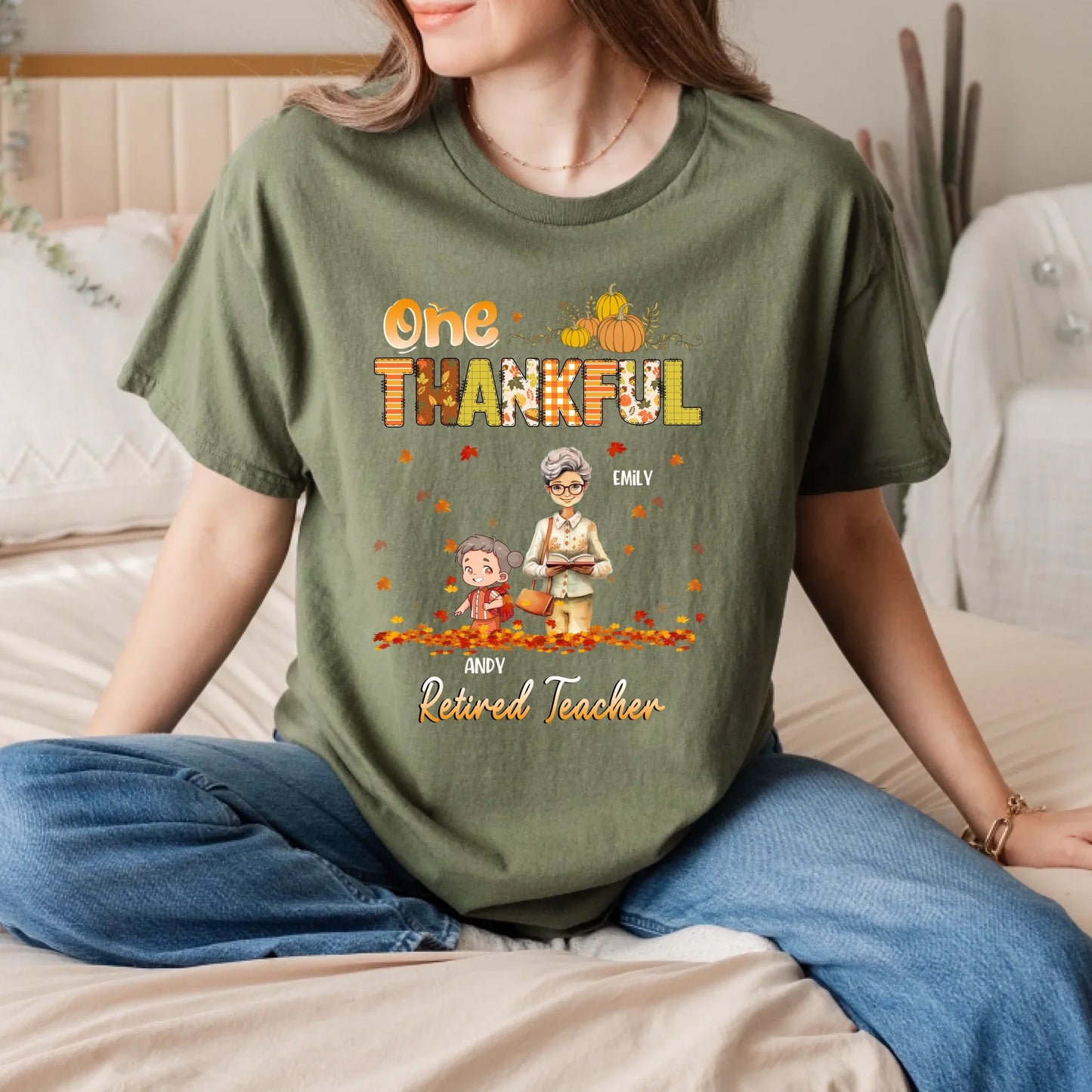 One Thankful Retired Teacher – Personalized Thanksgiving Shirt with Custom Names & Characters Hoodie, Sweatshirt (Image 5)