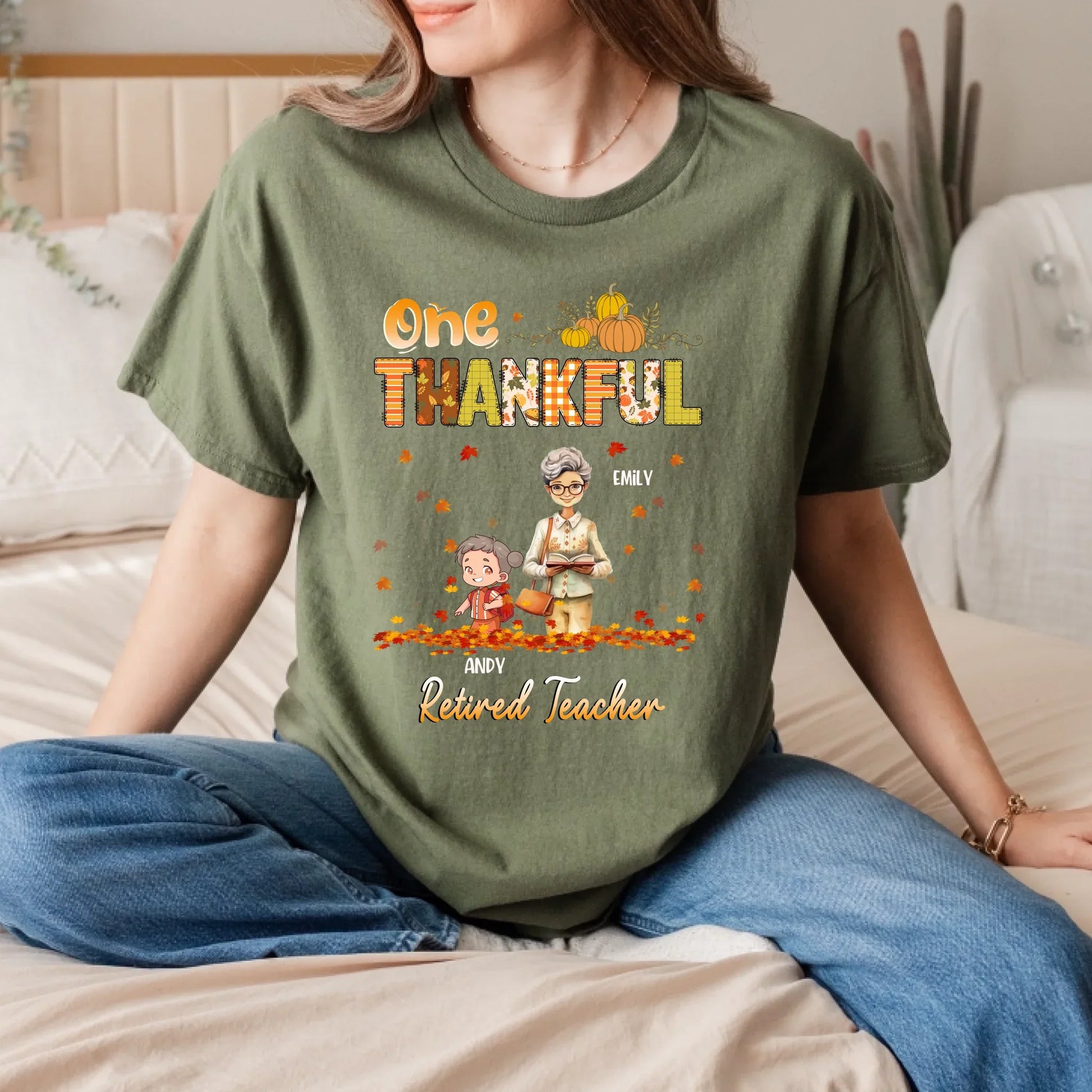 One Thankful Retired Teacher – Personalized Thanksgiving Shirt with Custom Names & Characters Hoodie, Sweatshirt (Image 5)