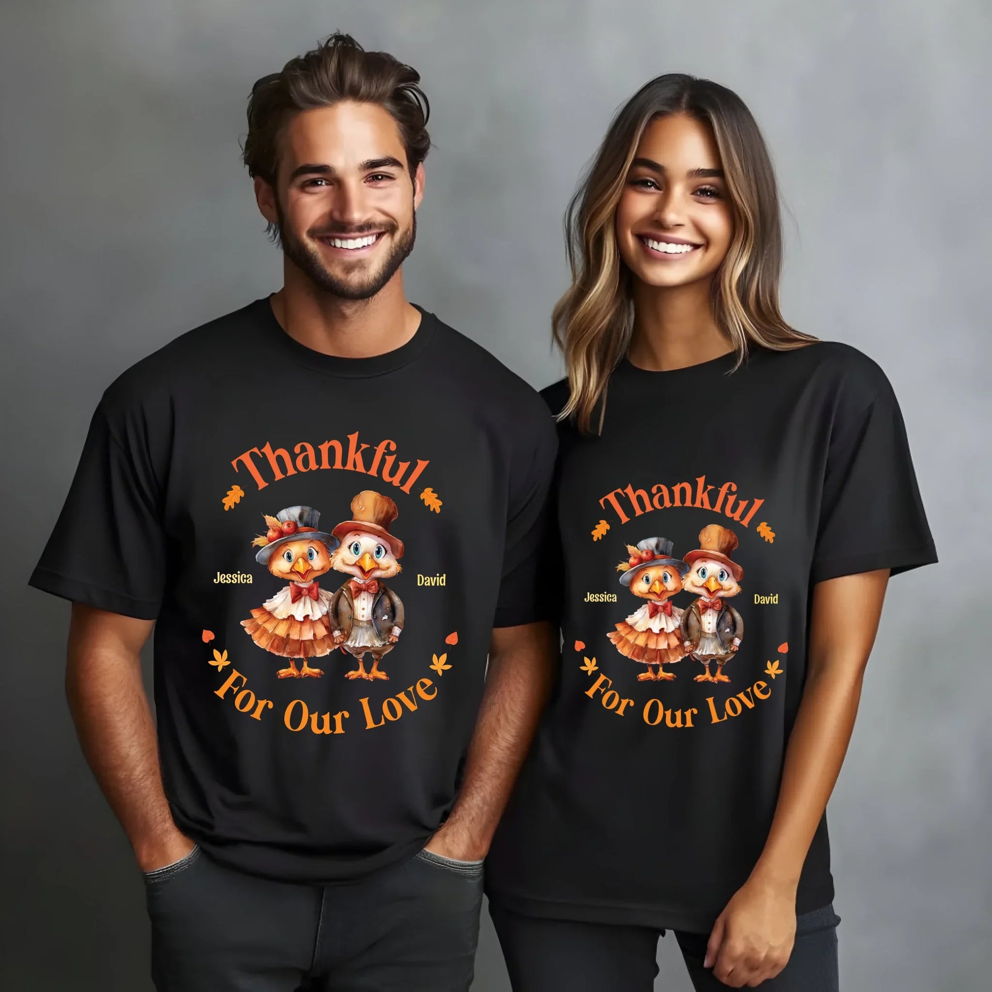 Thankful for Our Love – Personalized Couple Shirt with Custom Names & Characters Hoodie, Sweatshirt (Image 1)