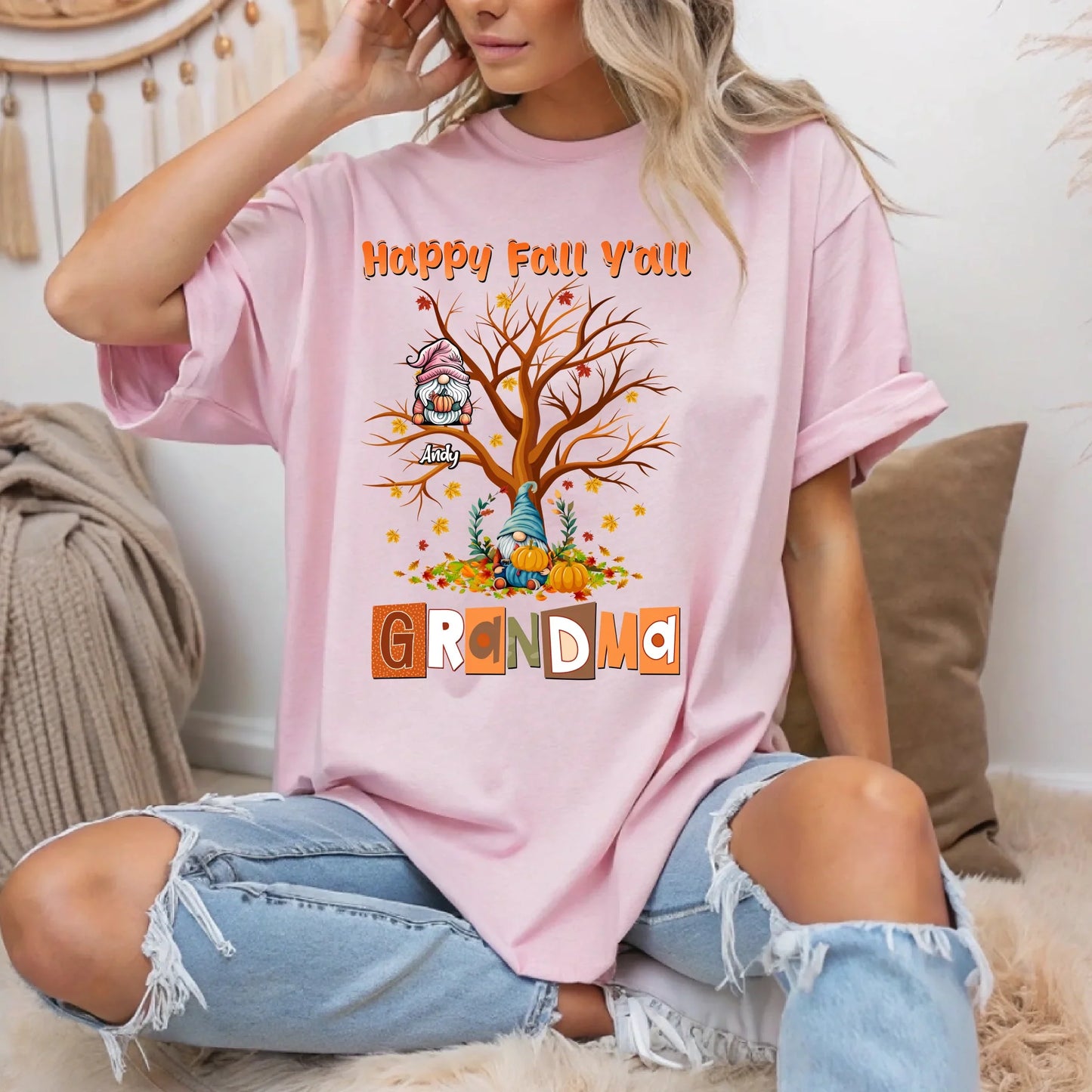 Personalized Thanksgiving Fall Family Tree Shirt for Grandma – Custom Names & Gnome Characters Hoodie, Sweatshirt (Image 1)