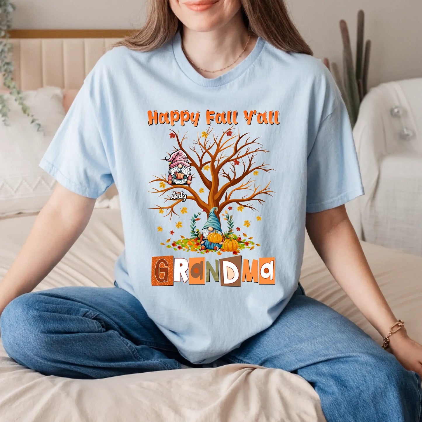 Personalized Thanksgiving Fall Family Tree Shirt for Grandma – Custom Names & Gnome Characters Hoodie, Sweatshirt (Image 2)