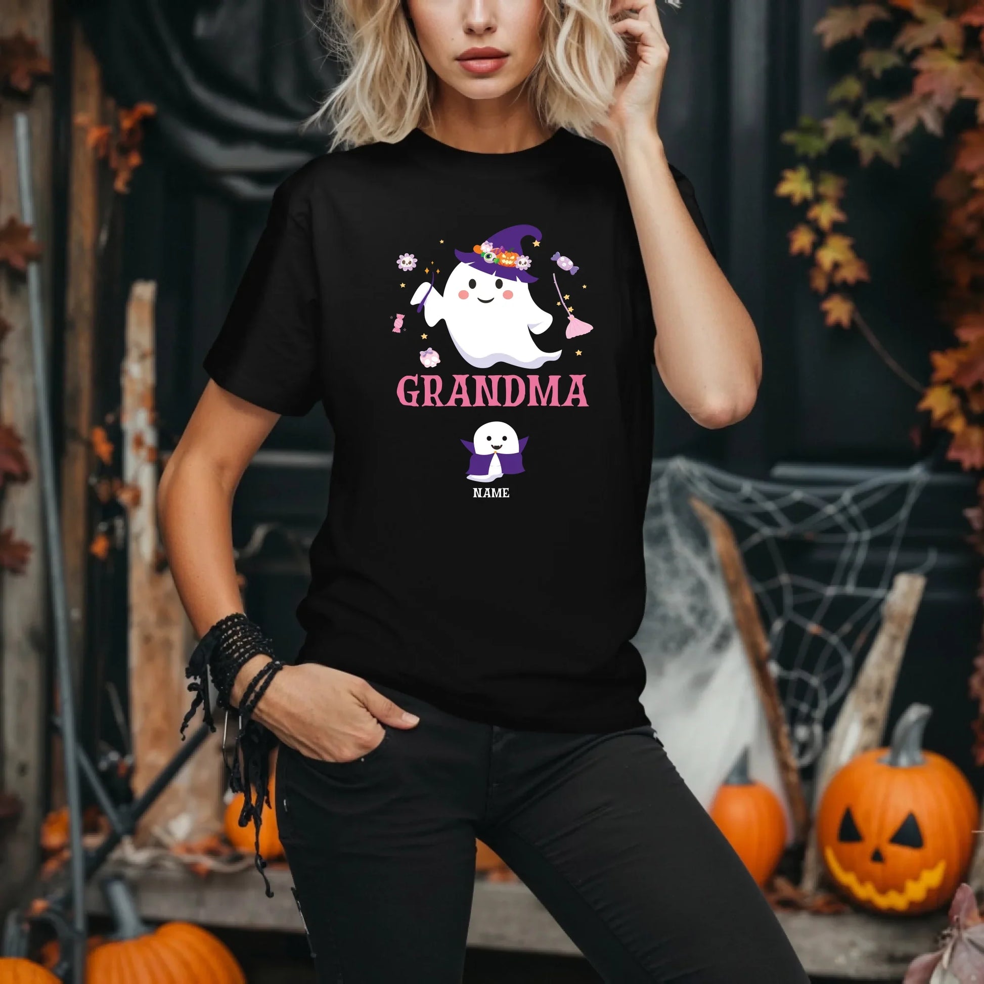 Personalized Halloween Grandma Shirt – Custom Ghosts & Names Tee Hoodie, Sweatshirt | InkThreadWorks.com (Image 1)